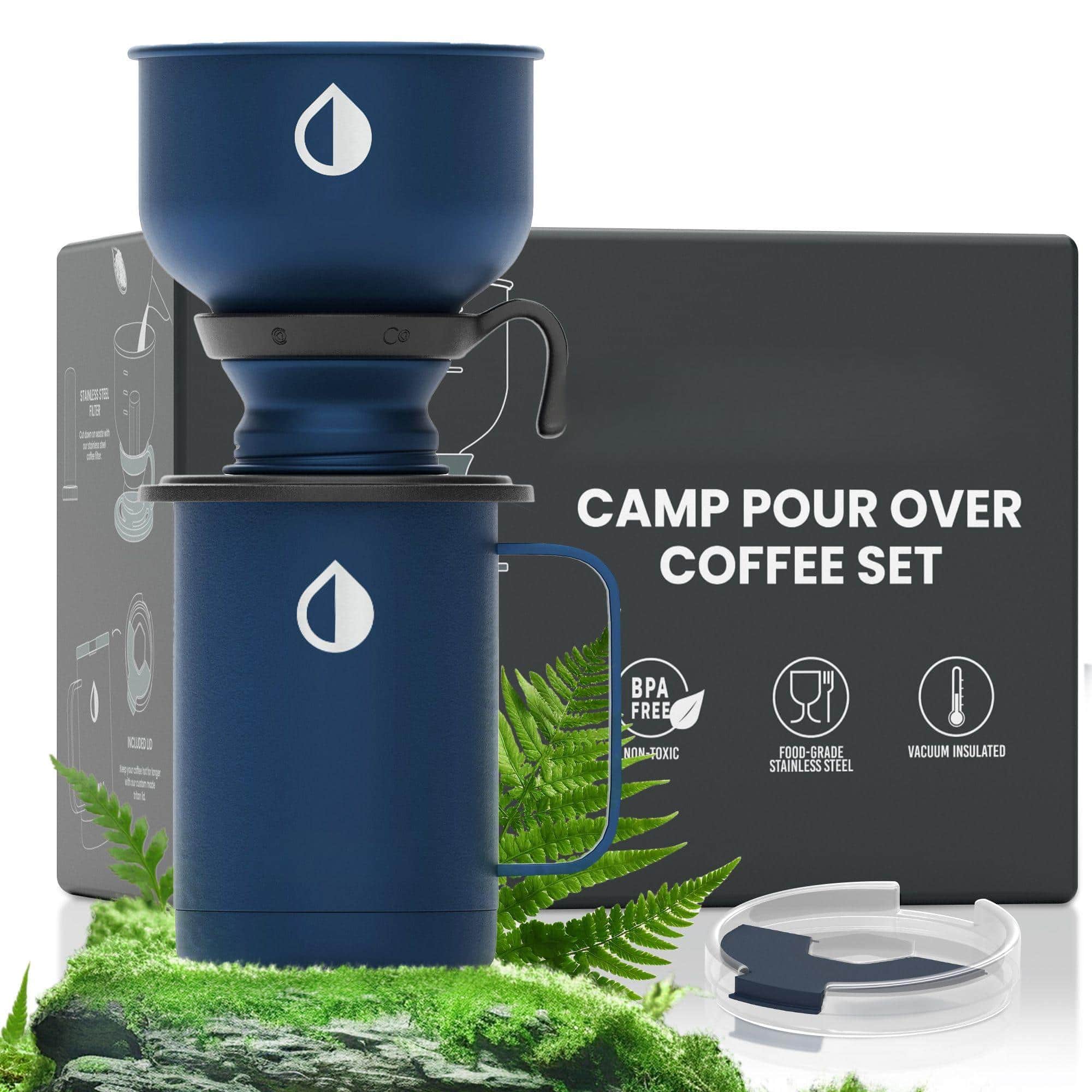 Fabibe - Pour Over Camp Coffee Maker Set- Vacuum Insulated Mug With Leakproof Lid Stainless Steel Filter Scratch-resistant Fin - Blue