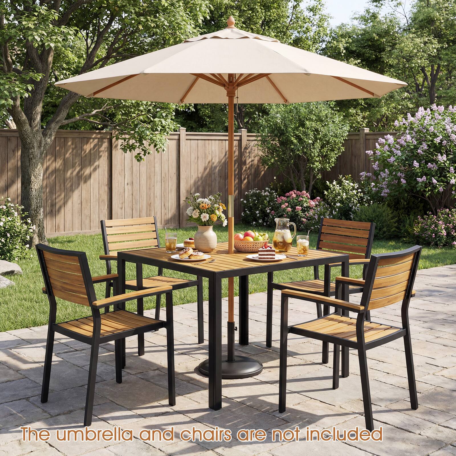 The umbrella and chairs are not included.