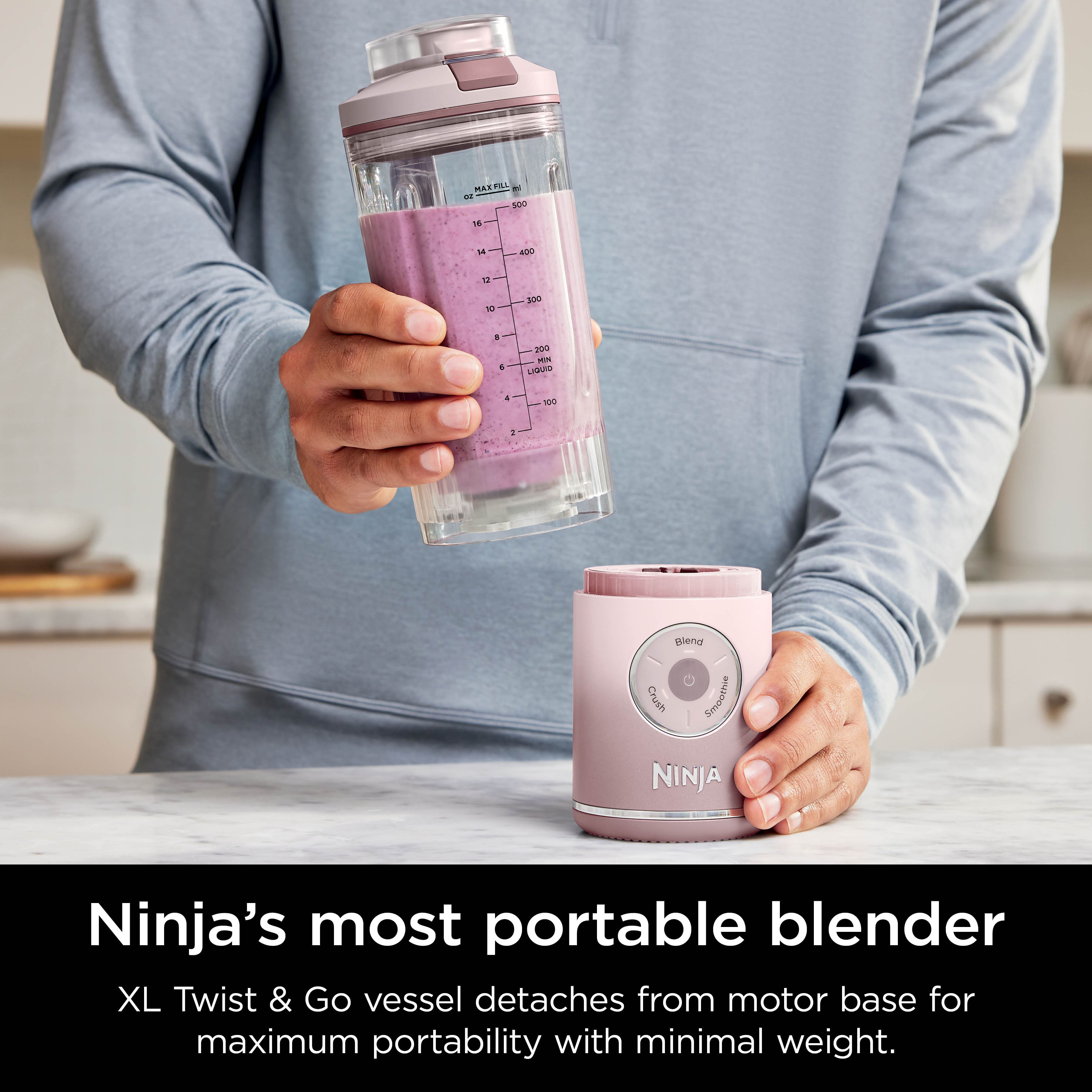Ninja's most portable blender XL Twist & Go vessel detaches from motor base for maximum portability with minimal weight.