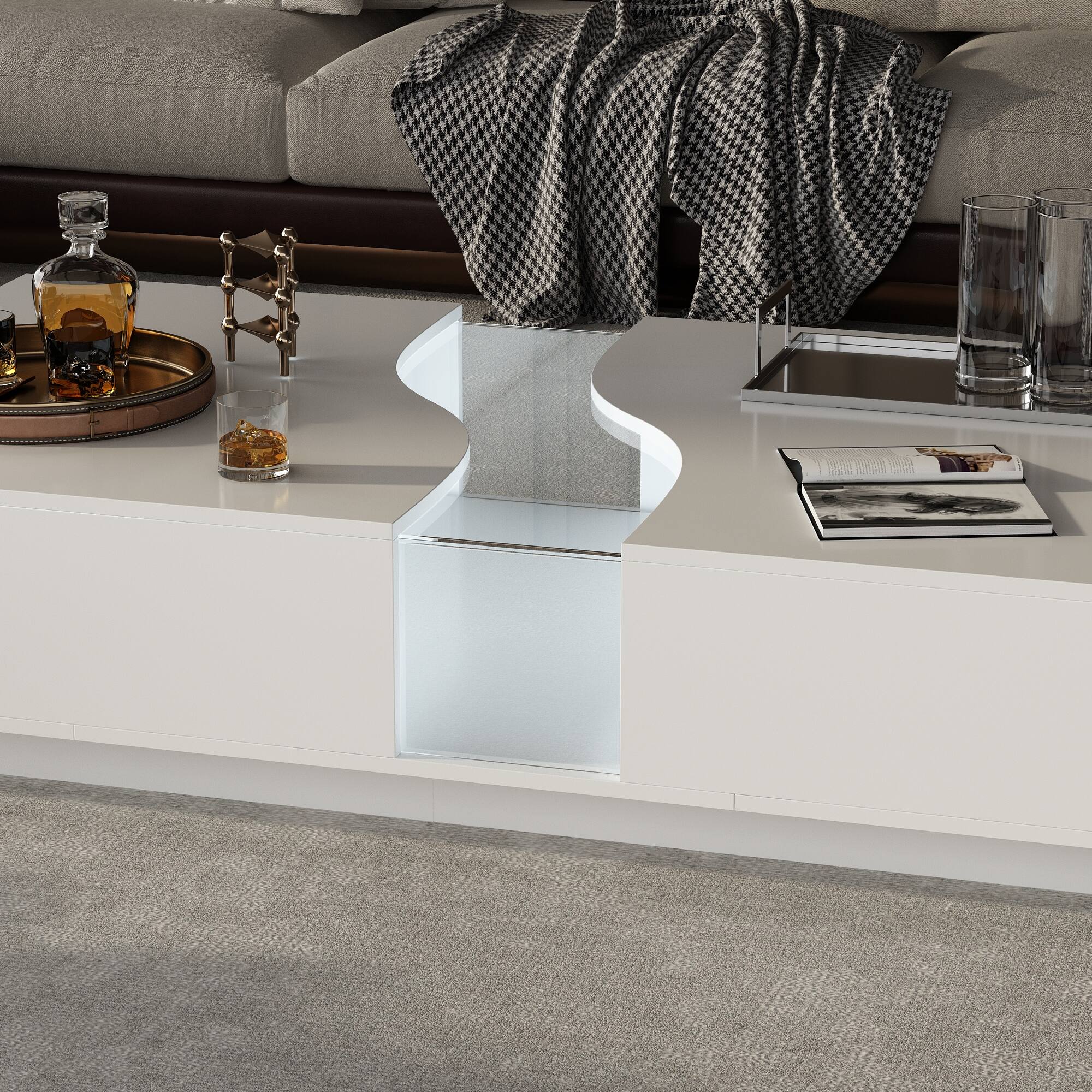 Alt View 9. FUFU & GAGA - Modern Irregular Coffee Table with LED Ambient Lighting, Hidden Drawers and Open Storage for Living Room - White.