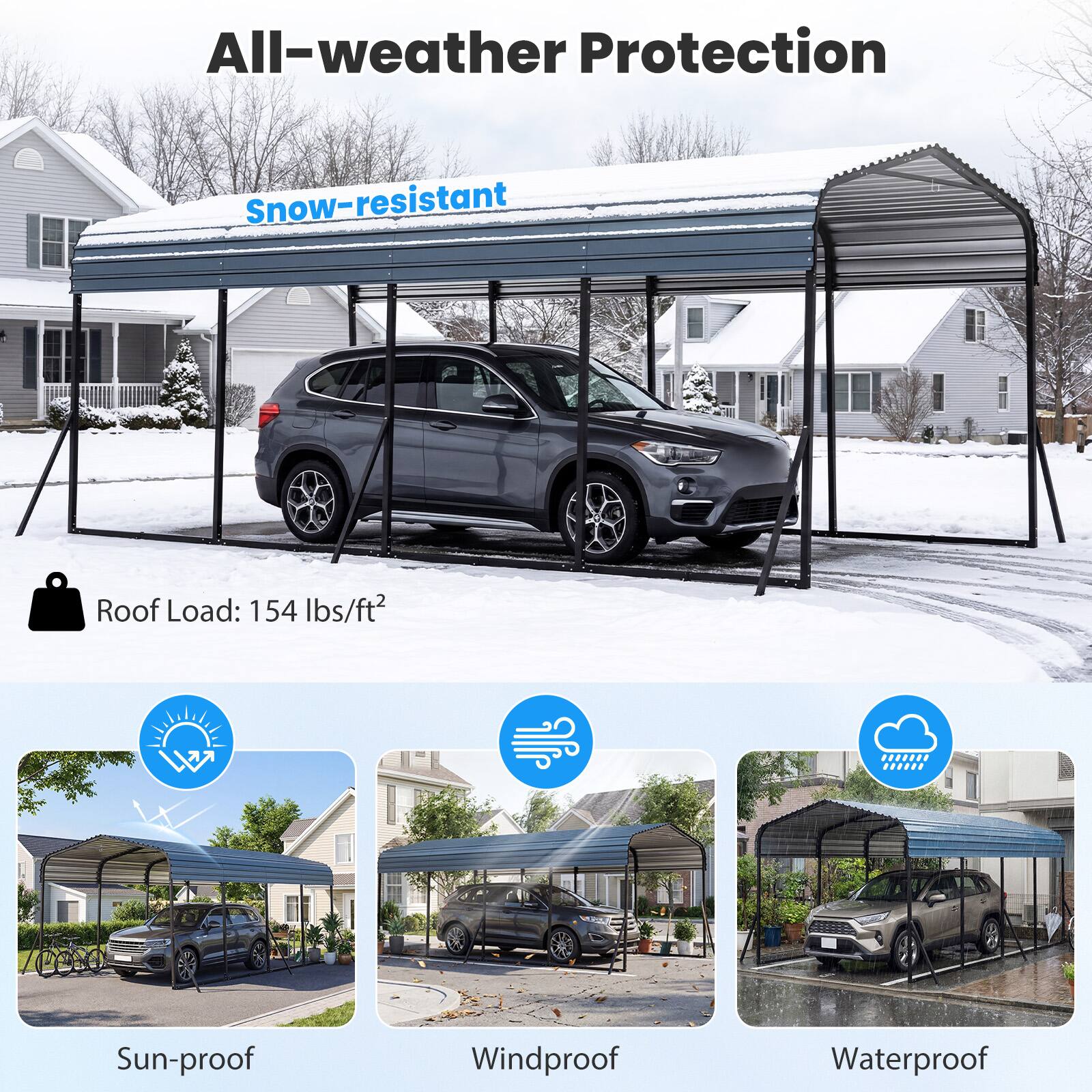 All-weather Protection

Snow-resistant

Roof Load: 154 lbs/ft²

Sun-proof

Windproof

Waterproof
