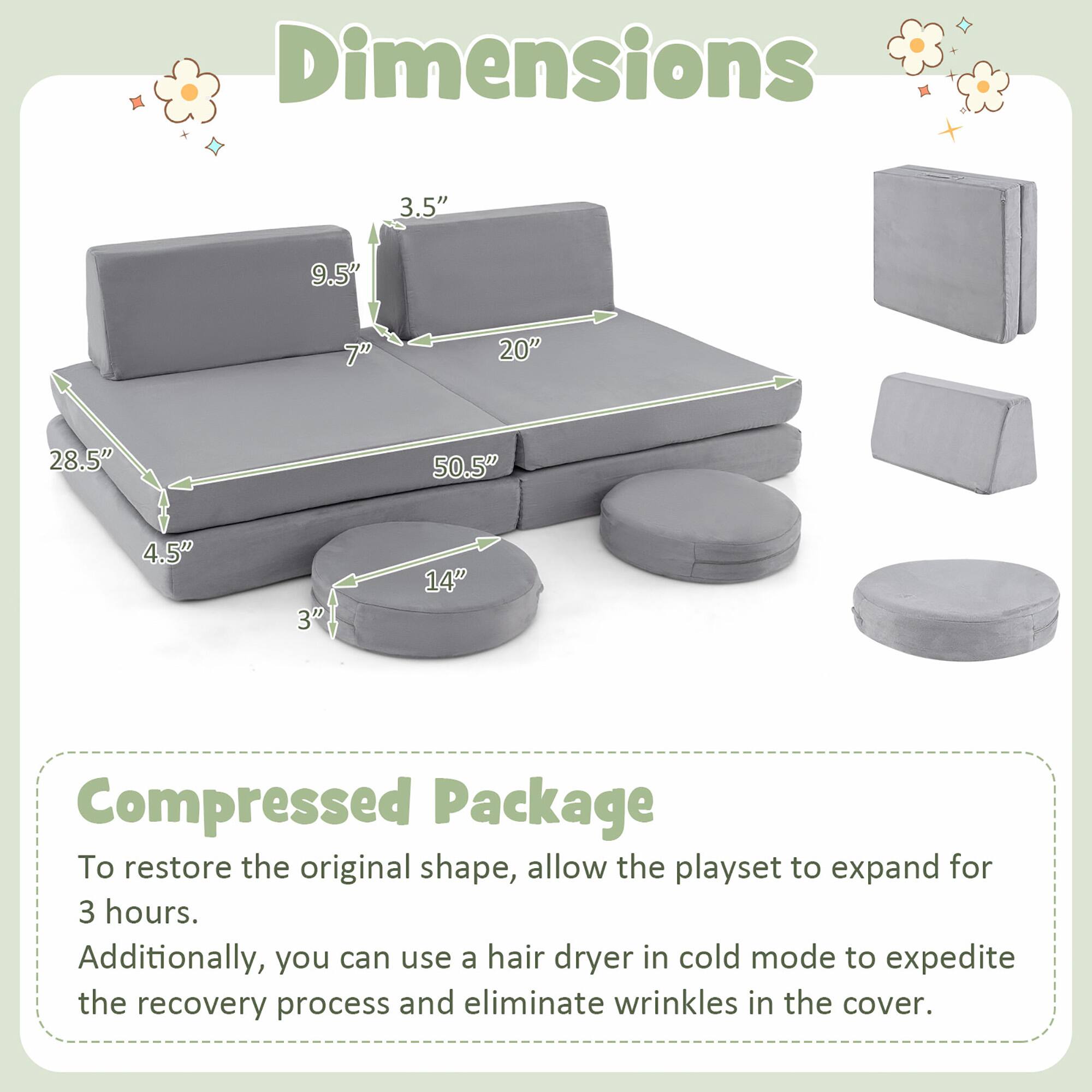 **Dimensions:**
- 3.5" x 9.5" x 7"
- 20" x 28.5" x 50.5"
- 4.5" x 3" x 14"

**Compressed Package:**
To restore the original shape, allow the playset to expand for 3 hours. Additionally, you can use a hair dryer in cold mode to expedite the recovery process and eliminate wrinkles in the cover.