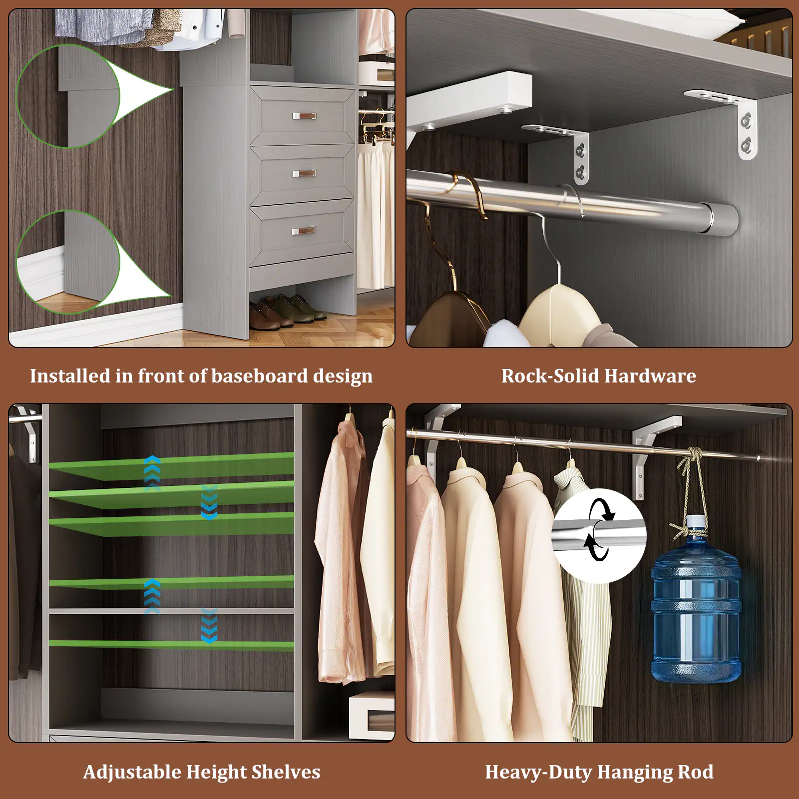 - Installed in front of baseboard design
- Rock-Solid Hardware
- Adjustable Height Shelves
- Heavy-Duty Hanging Rod