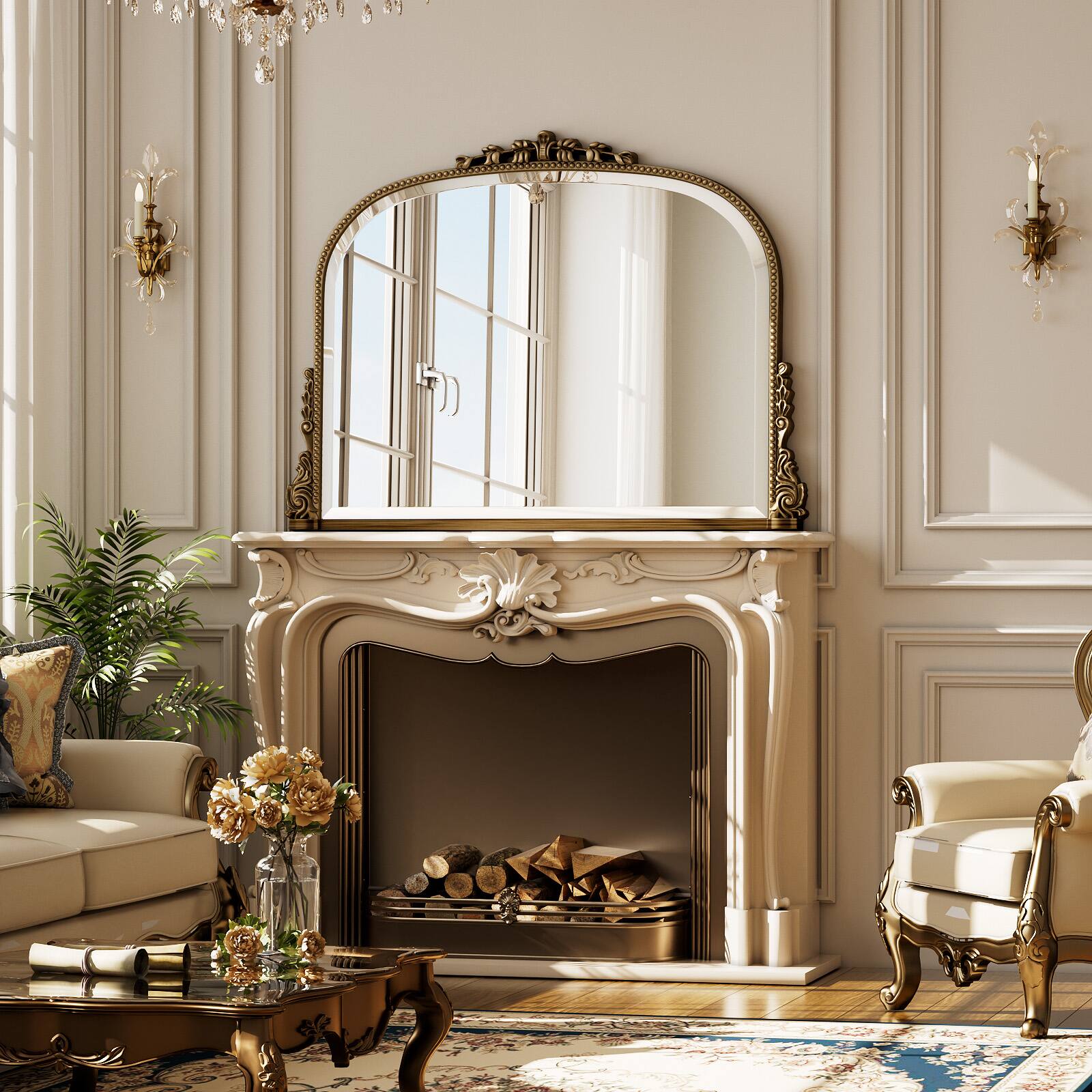 Back. Easly - Antique Bronze 27 in. W x 36 in. H Carved Arched PU Frame Vanity Wall Mirror - Antique Bronze.