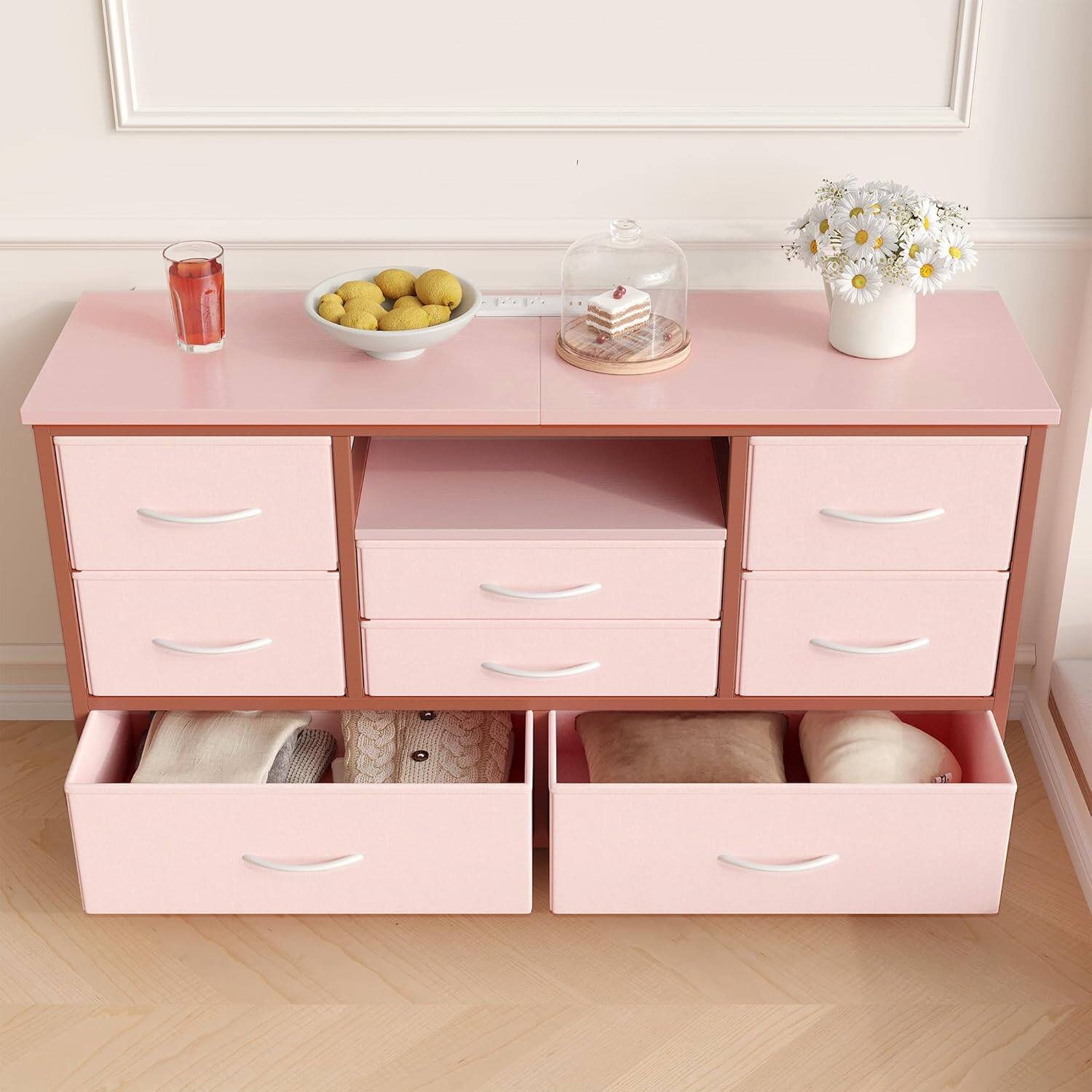 Alt View 4. GARVEE - 8 Drawer TV Stand, Power Outlet, LED, 47" Media Console, Storage Chest, Bedroom, Living Room, Pink - Pink.