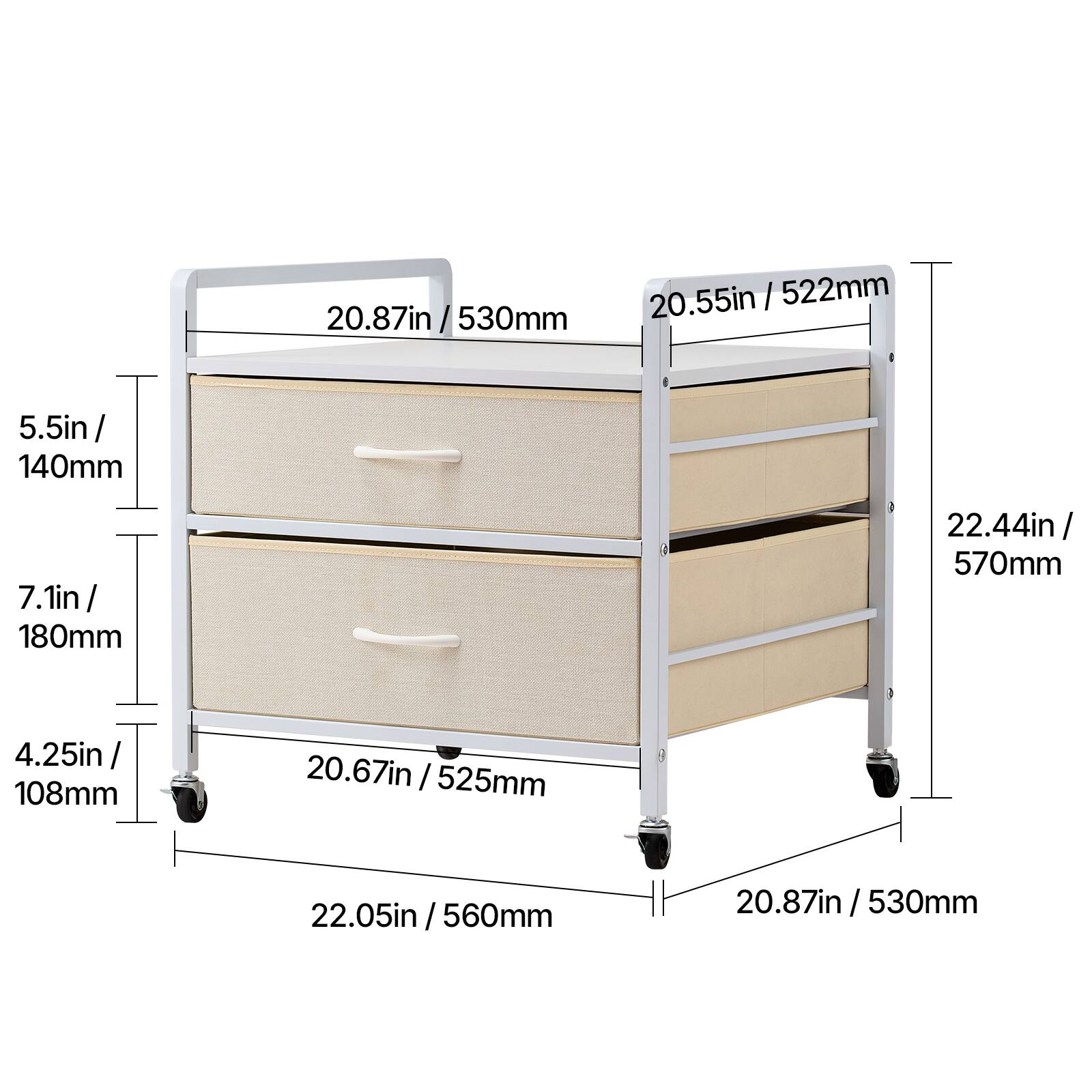 20.87in / 530mm, 20.55in / 522mm, 5.5in / 140mm, 7.1in / 180mm, 22.44in / 570mm, 4.25in / 108mm, 20.67in / 525mm, 22.05in / 560mm, 20.87in / 530mm