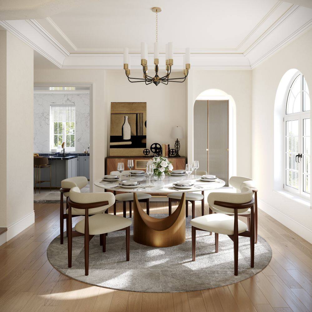 Angle. POVISON - 59" Modern Round Dining Table for 6 White Glossy Sintered Stone Tabletop with Bronze U-shaped Steel Base - White Glossy Sintered Stone with Bronze Steel Base.