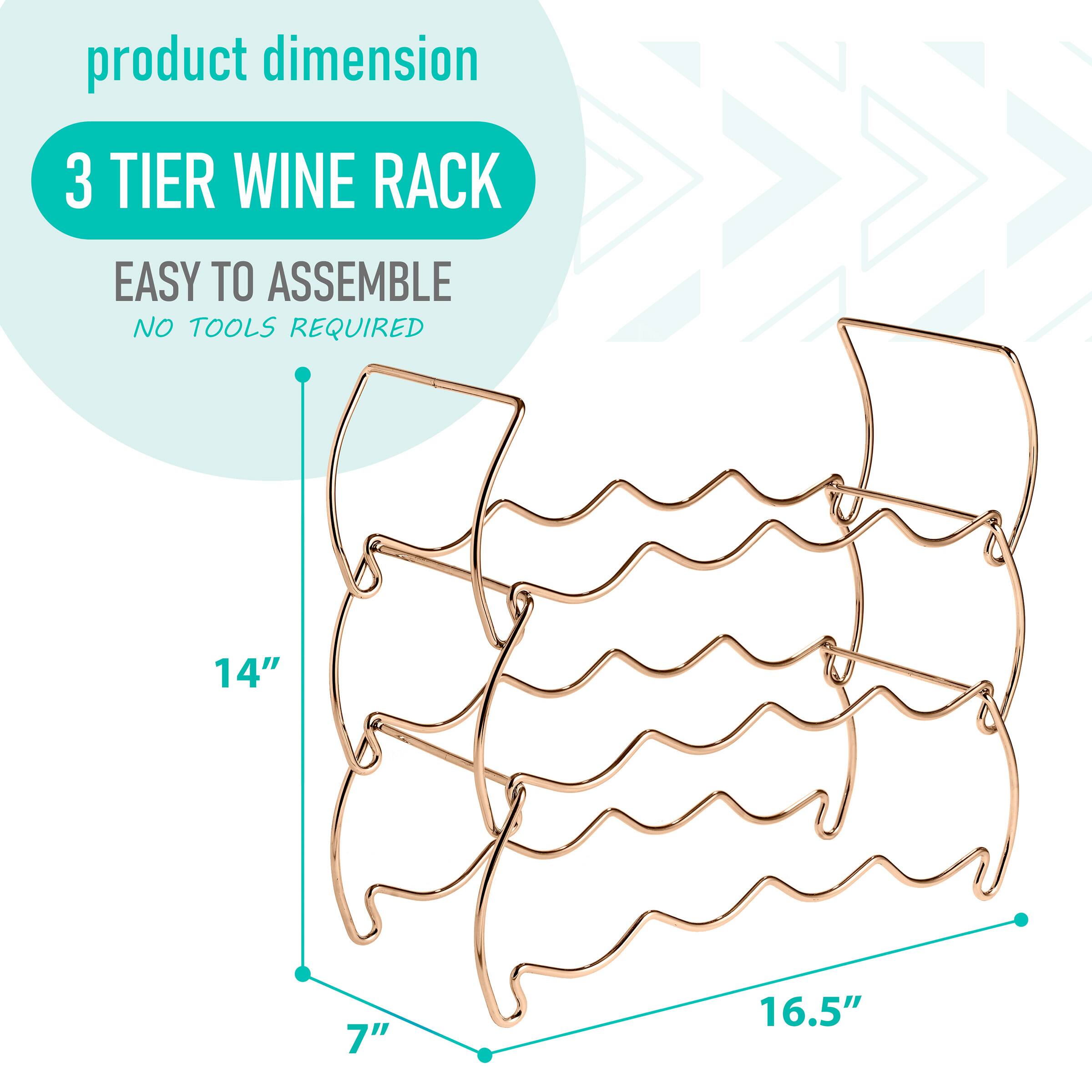 product dimension  
3 TIER WINE RACK  
EASY TO ASSEMBLE  
NO TOOLS REQUIRED  

14"  
7"  
16.5"
