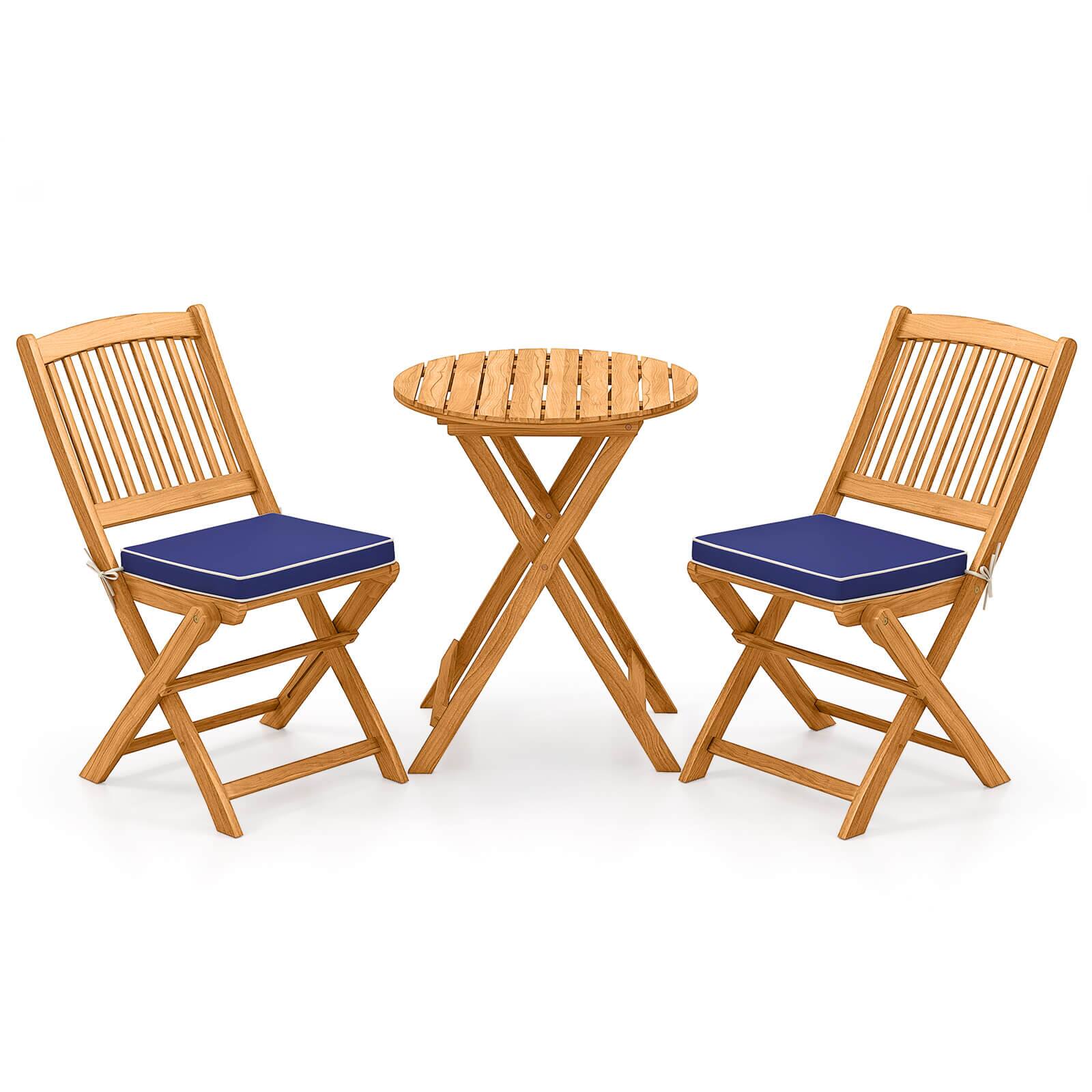 Alt View 9. Costway - Costway 3PCS Patio Folding Wooden Bistro Set Cushioned Chair Conversation Navy Cushion - Natural+Navy Blue.