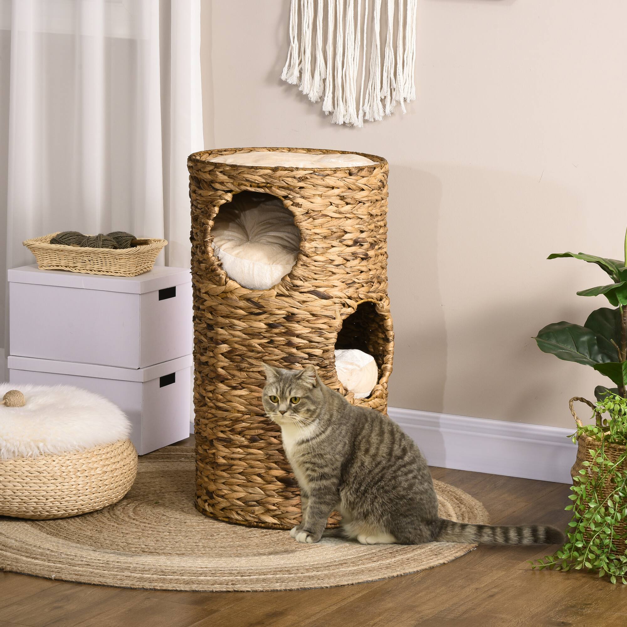 Alt View 1. Pawhut - Elevated Cat Bed with Hideaways - Brown.