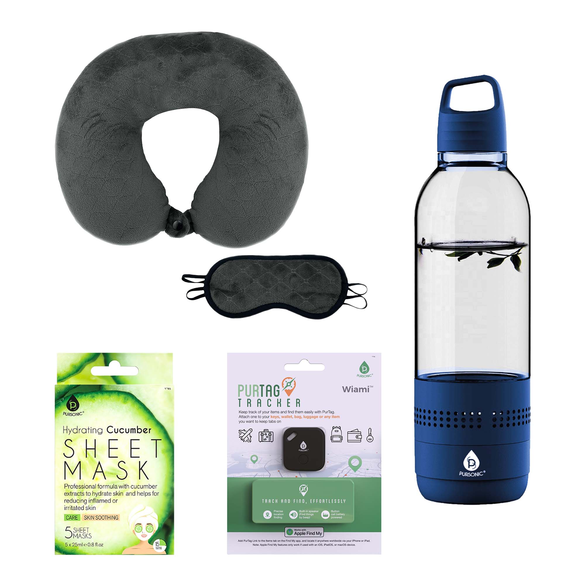 PURSONIC Hydrating Cucumber SHEET MASK  
Professional formula with cucumber extracts to hydrate skin and helps for reducing inflamed or irritated skin.  
CAME SKIN SOOTHING  
5 SHEET MASKS  
5 dombe OR 1u D madz  
PURTAG Wiami TRACHER  
A A  
a yuU tuns ane too  
- - T Auh - - EM % -a - - - - - - - -e - I -  
TRACH  
1100. EFFORTLESSLY  
1 Porprie Fa My  
- - P PURSONIC  

Hydrating Cucumber  
SHEET MASK  
Professional formula with cucumber extracts to hydrate skin and helps for reducing inflamed or irritated skin.  
CARE  
SKIN SOOTHING  
5 MASKS  
5 x 25ml e 0.8 fl oz  

PURTAG TRACHER  
Attach one to your keys, wallet, bag, luggage or any item you want to keep track on.  
FIND, EFFORTLESSLY  
Wiami  
Attach one to your keys, wallet, bag, luggage or any item you want to keep track on.  
FIND, EFFORTLESSLY  
Apple Find My  
Attach one to your keys, wallet, bag, luggage or any item you want to keep track on.  
FIND, EFFORTLESSLY  
Apple Find My