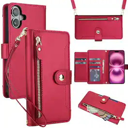 Dteck - Crossbody Zipper Wallet Case for Apple iPhone 16,Faux Leather Magnetic Closure Flip Credit Card Holder Cover+Lanyard - Red