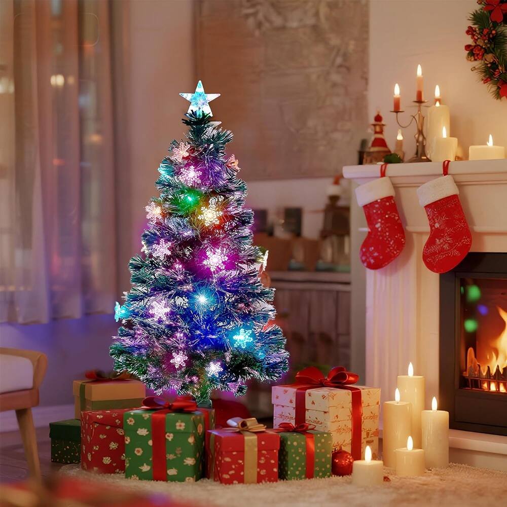 Angle. RTMB - 3 FT Artificial Christmas Tree, Pre-Lit Fiber Optic Tree with Multicolor LED Lights and Top Star - Green.