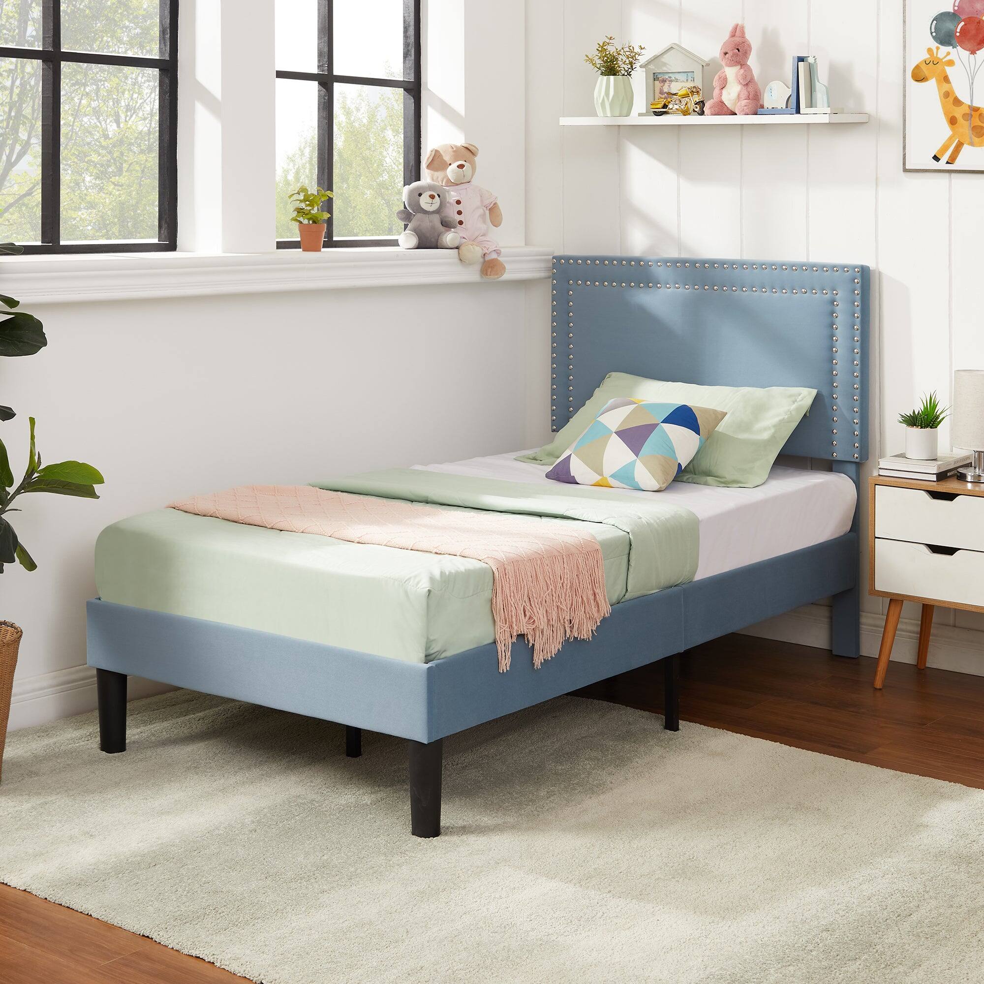 Back. Vecelo - Twin Size Platform Bed Frame with Adjustable Upholstered Headboard, Strong Wood Slat Support,No Box Spring Needed - Light Blue.