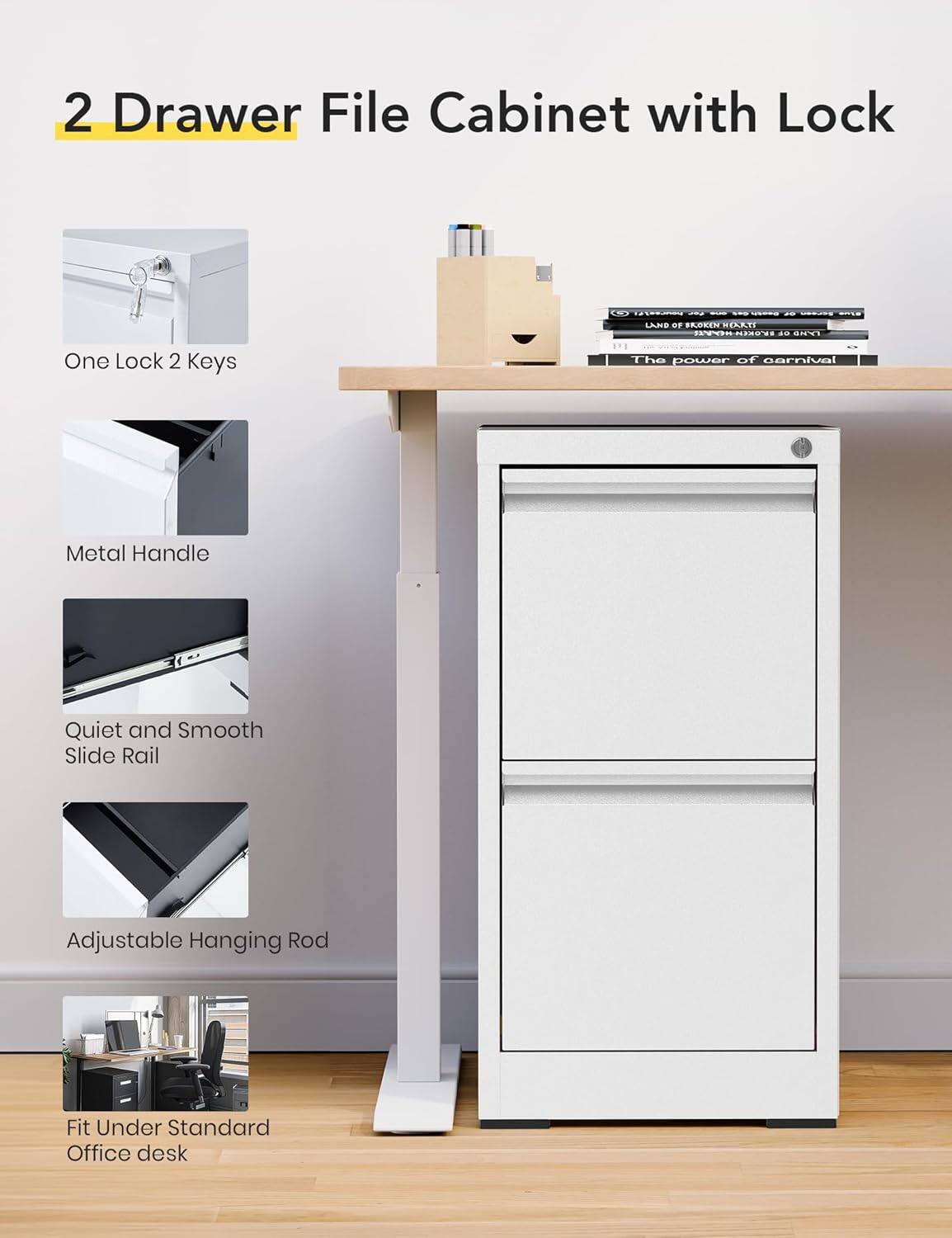 2 Drawer File Cabinet with Lock

- One Lock 2 Keys
- Metal Handle
- Quiet and Smooth Slide Rail
- Adjustable Hanging Rod
- Fit Under Standard Office desk