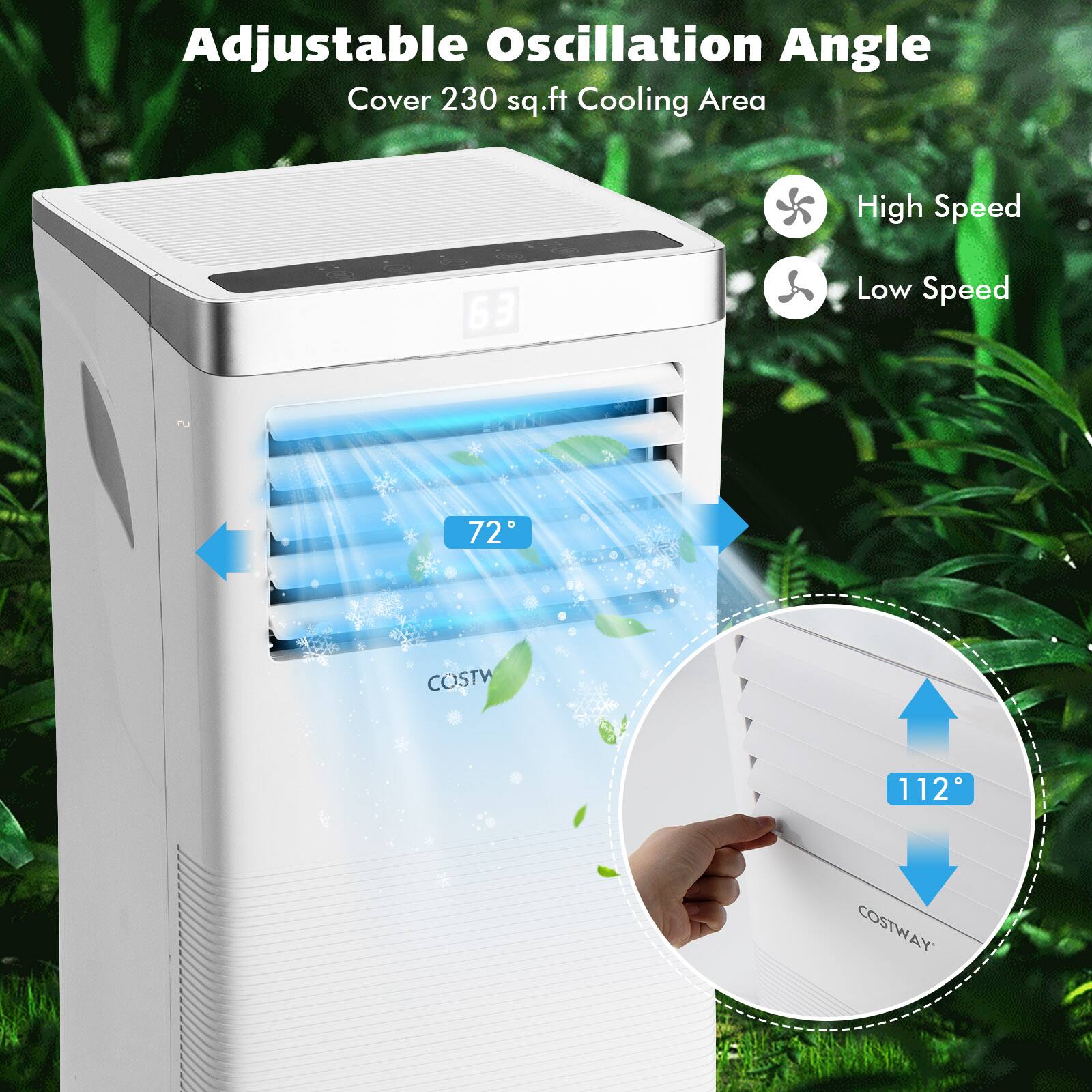 Adjustable Oscillation Angle  
Cover 230 sq.ft Cooling Area  

High Speed  
63  

Low Speed  
72  

COSTWAY  
112