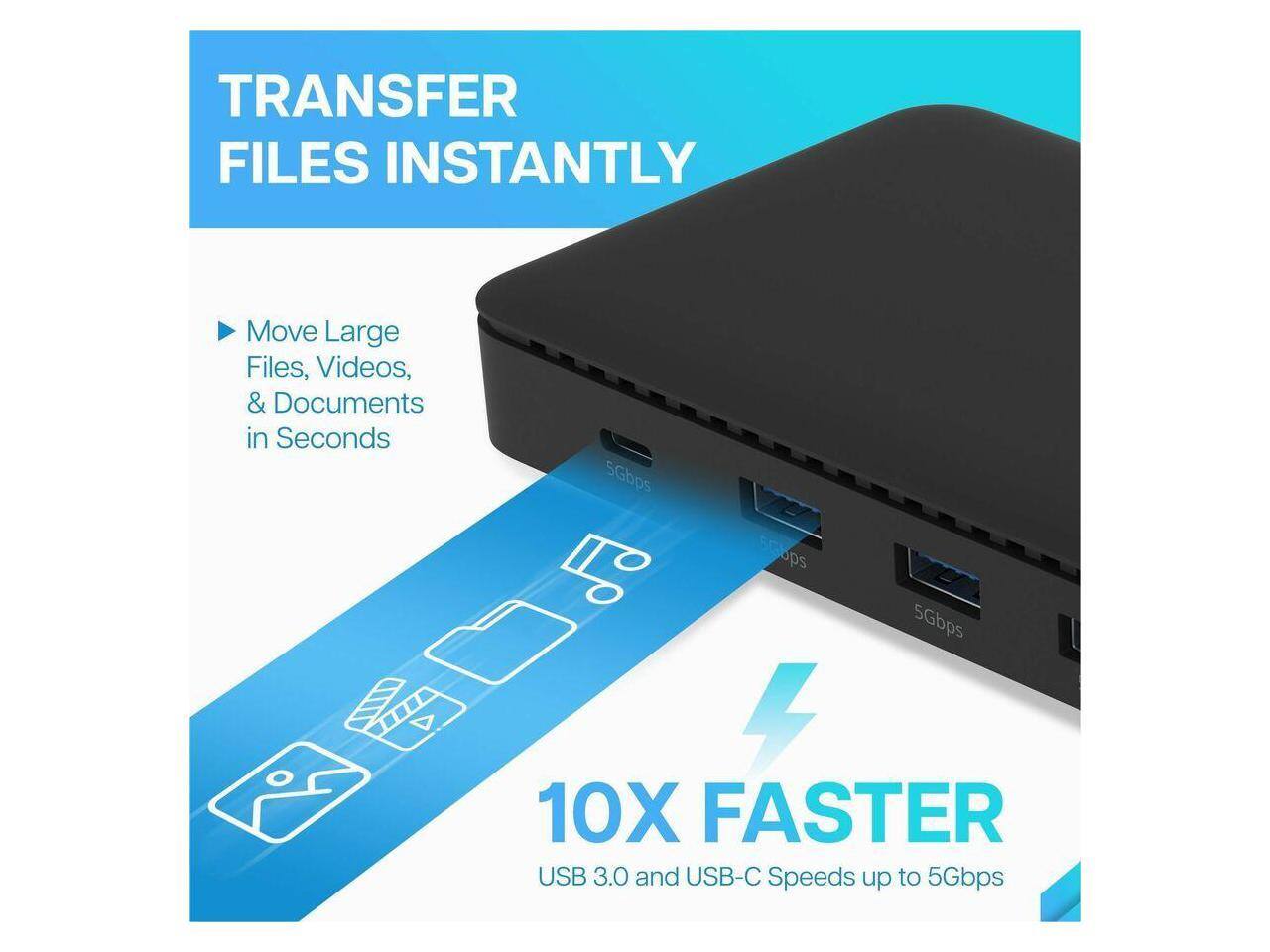 TRANSFER FILES INSTANTLY

Move Large Files, Videos, & Documents in Seconds

10X FASTER USB 3.0 and USB-C Speeds up to 5Gbps