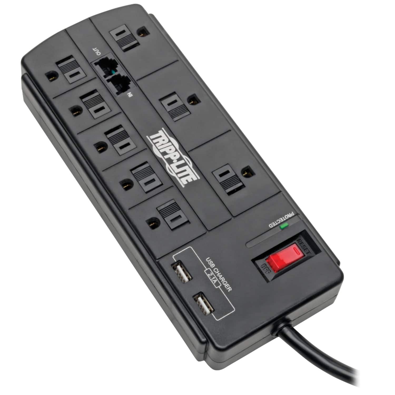 Tripp Lite - By Eaton 200-joules Surge Protector, 8 Outlets Plus 2 Usb Ports, 8-ft. Cord, With Telephone/modem Protection - Black
