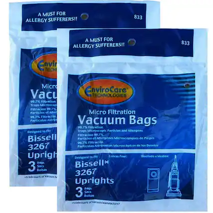 A MUST FOR ALLERGY SUFFERERS!!
833
EnviroCare Technologies
Micro Filtration Vacuum Bags
99.7% Filtration Traps Microscopic Particles and Allergens
Filtración 99.7% Partículas y Alergenos Microscópicos
Designed to Fit:
Bissell 3267 Uprights
3 Bags
Conçu Pour:
Bissell 3267 Uprights
3 Sacs
Diseñado a Medida:
Bissell 3267 Uprights
3 Bolsas
*Trademark of Vacuum Manufacturer