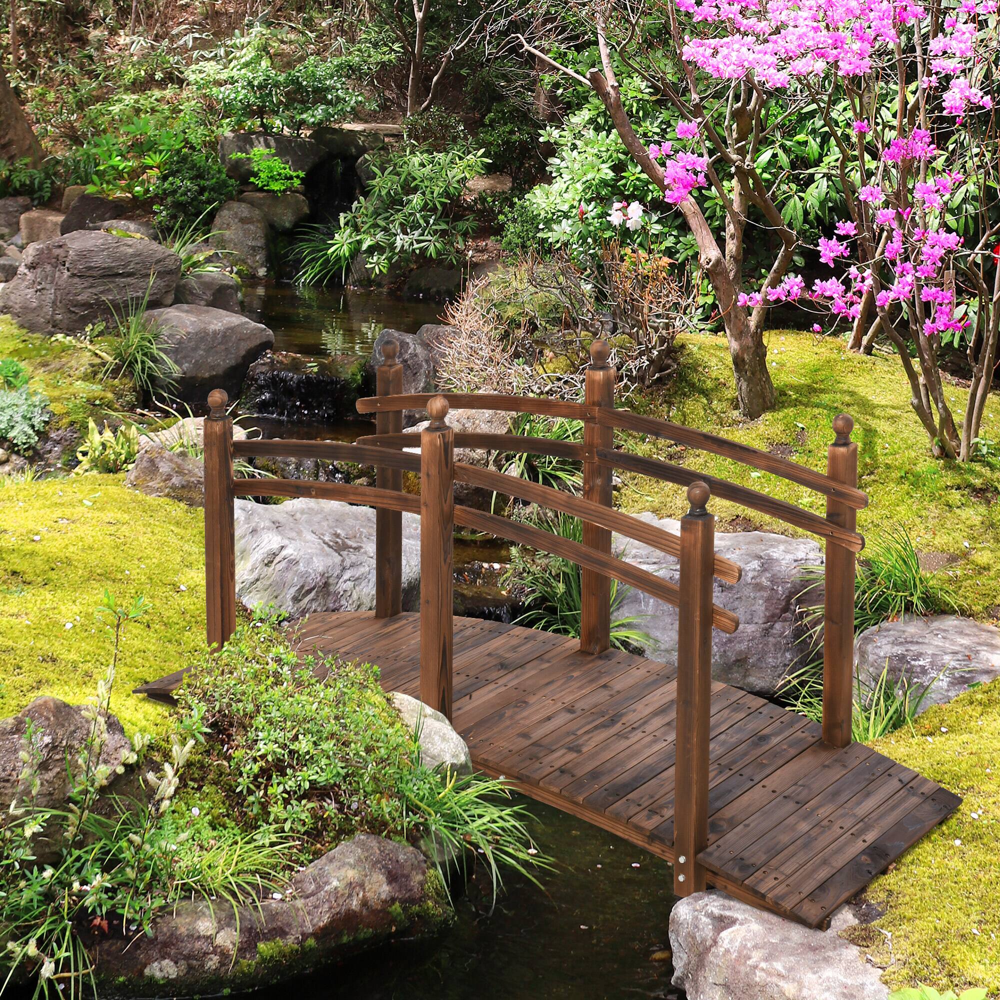Alt View 1. Outsunny - Fir Wood Garden Bridge Arc Walkway with Side Railings, Perfect for Backyards, Gardens - Carbonized.