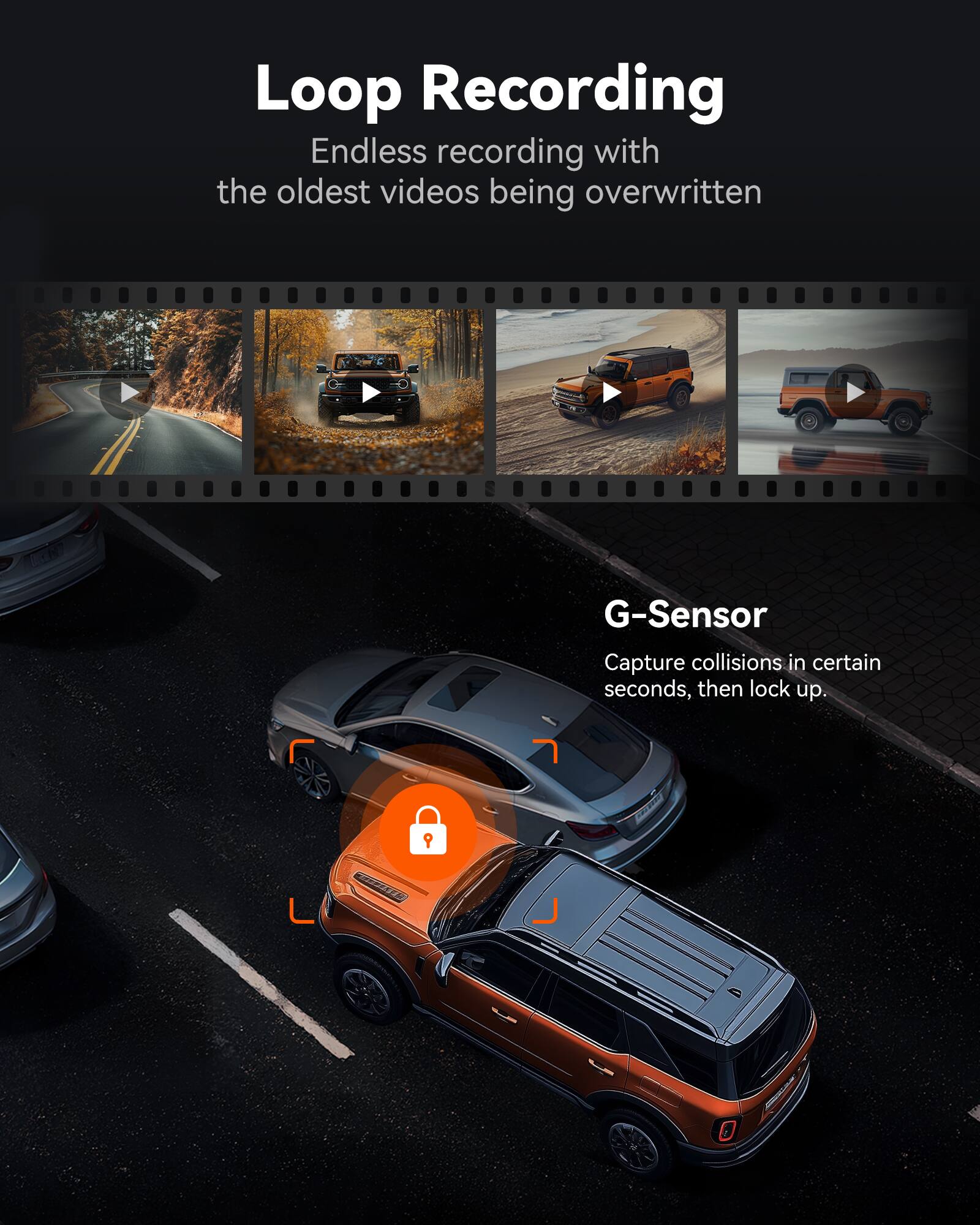 Loop Recording  
Endless recording with the oldest videos being overwritten  

G-Sensor  
Capture collisions in certain seconds, then lock up.