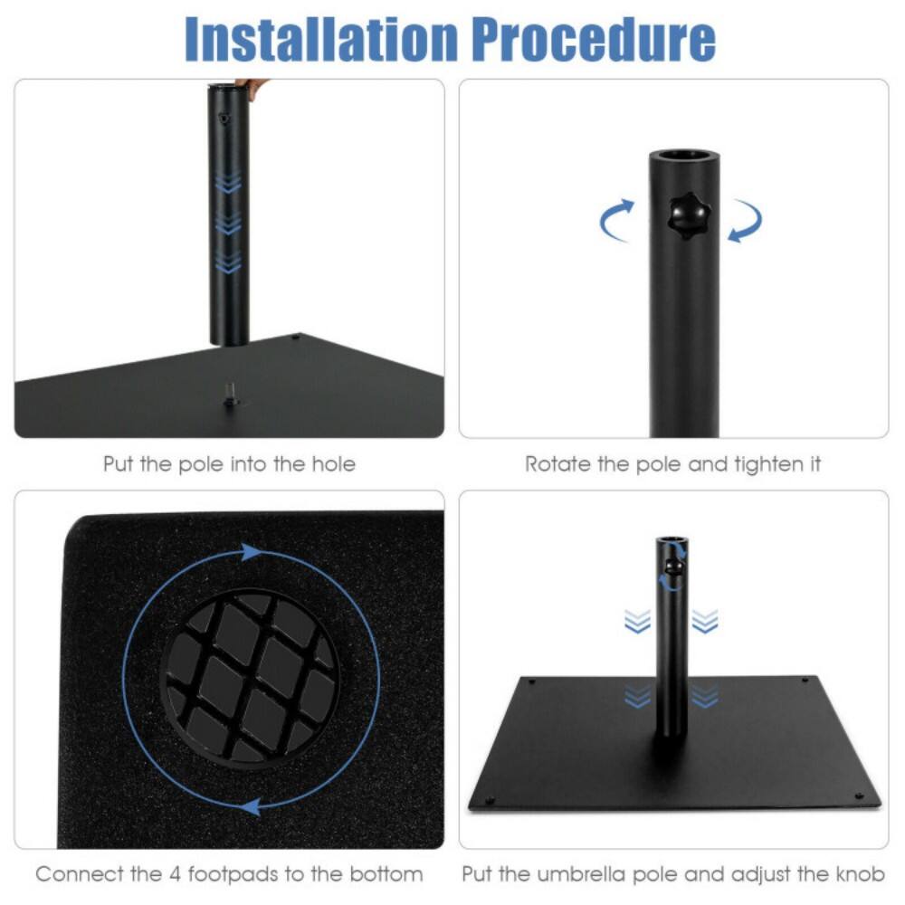 Installation Procedure

1. Put the pole into the hole
2. Rotate the pole and tighten it
3. Connect the 4 footpads to the bottom
4. Put the umbrella pole and adjust the knob
