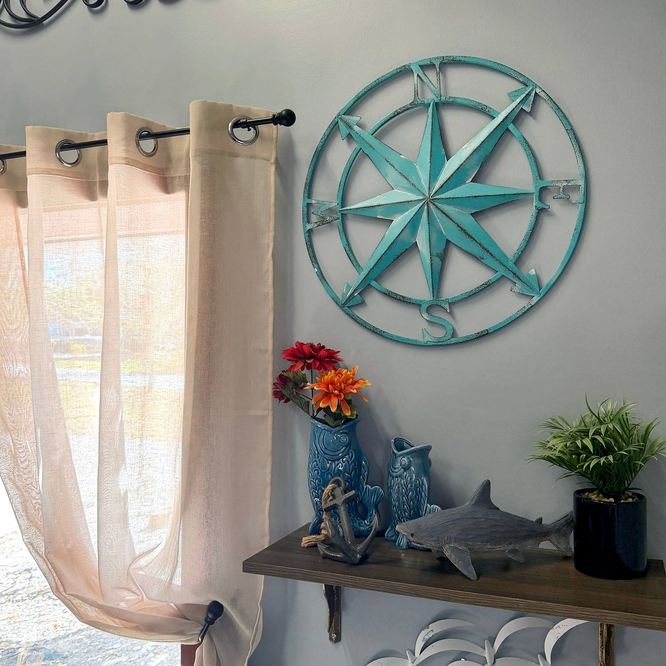 Alt View 7. Zeckos - Aqua Metal Compass Rose Wall Decor 20.25 inch Coastal Nautical Beach Art - Aqua.