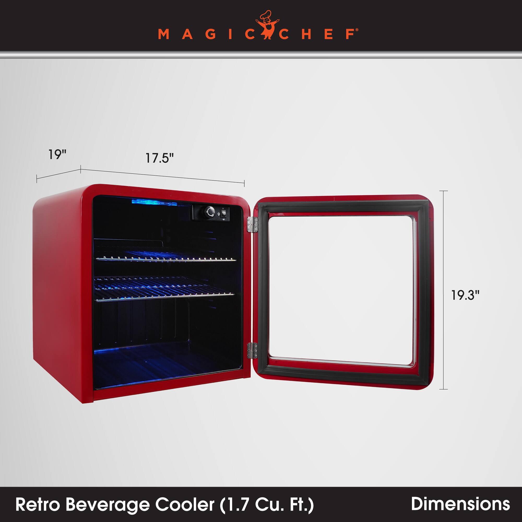 MAGIC CHEF

19"
17.5"
19.3"

Retro Beverage Cooler (1.7 Cu. Ft.)
Dimensions