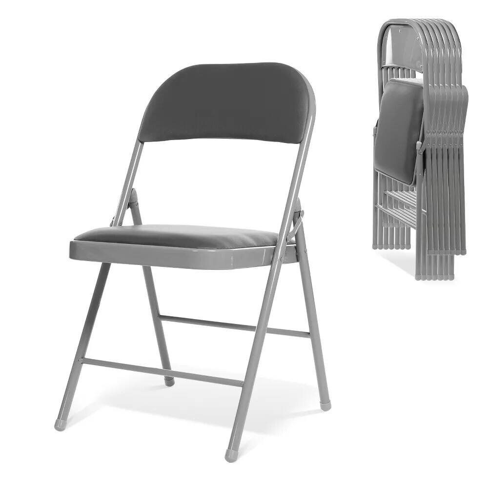 Front. Essen Blissed - 8 Pack Folding Chairs with Padded Seats for Events Home Office, Pu Leather Folding Chair Grey - Grey.