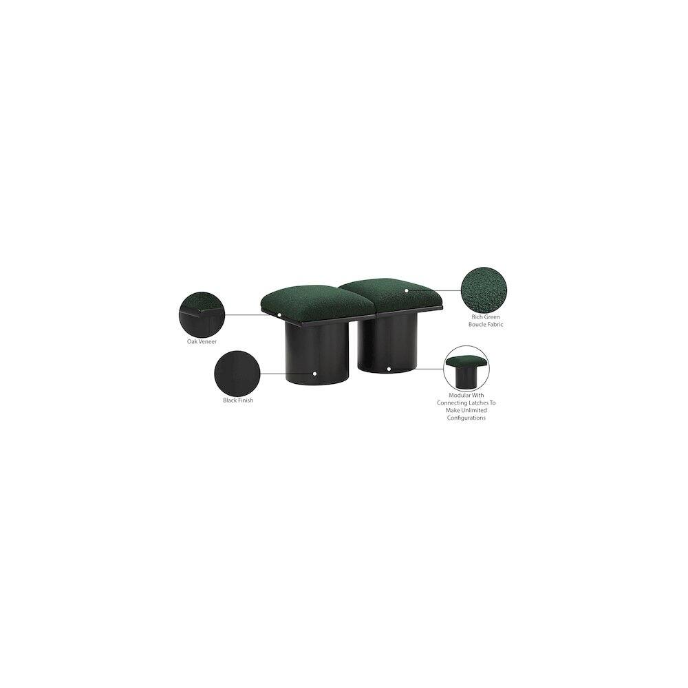 Rich Green Boucle Fabric  
Oak Veneer  
Black Finish  
Modular With Connecting Latches To Make Unlimited Configurations