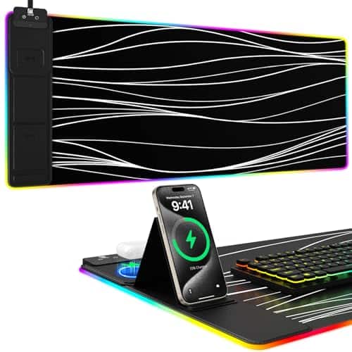 Earthley Blooms - Mouse Pad With Phone Holder Wireless Charging Desk Mat Rgb Gaming Mousepad Home Office Large Ultra-smooth - Wavy Black