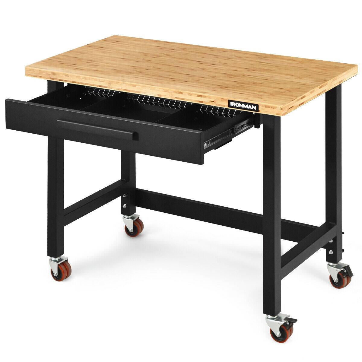 Gymax 48 Inch Mobile Garage Workbench Bamboo Top with Casters and