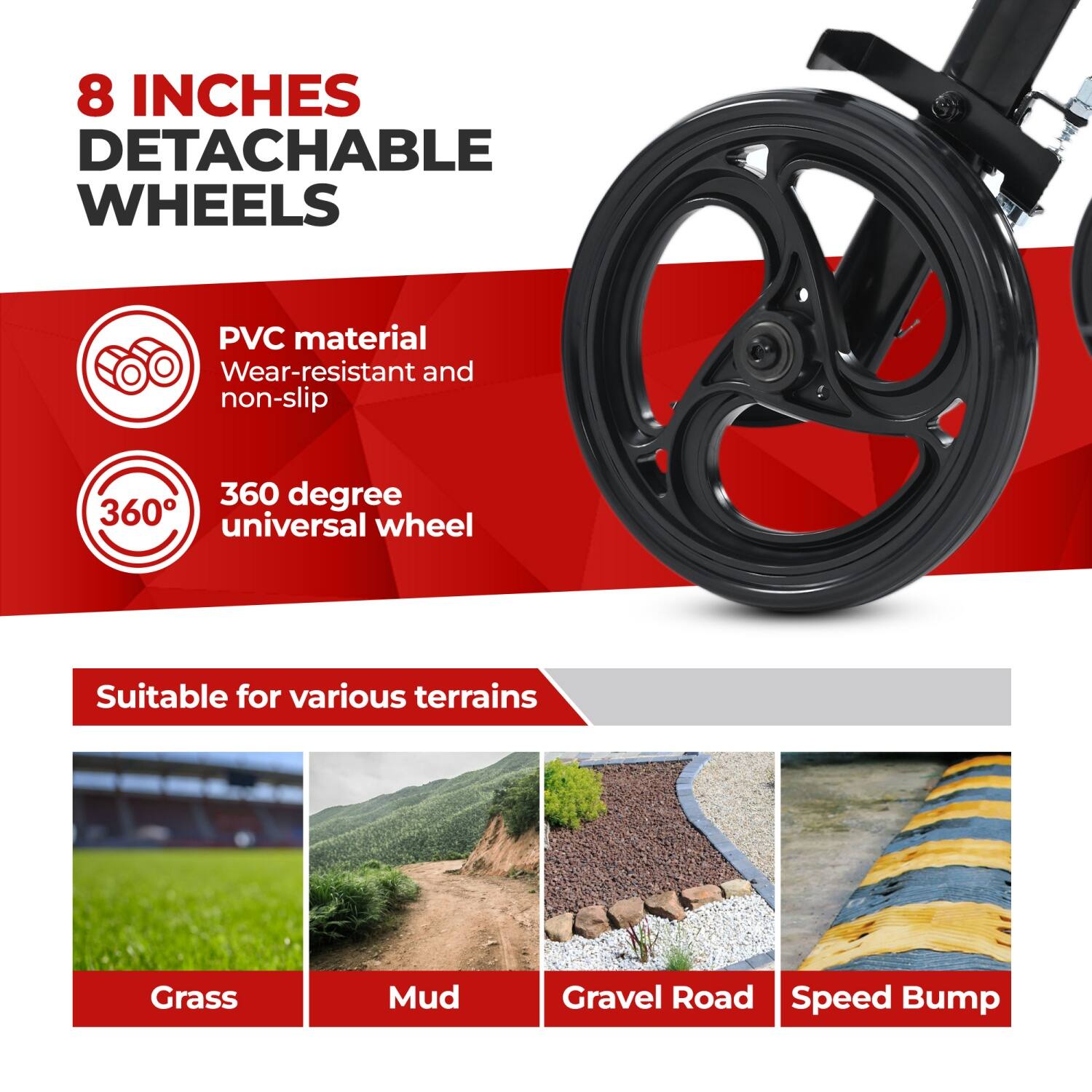 8 INCHES DETACHABLE WHEELS

PVC material
Wear-resistant and non-slip

360 degree universal wheel

Suitable for various terrains
Grass
Mud
Gravel Road
Speed Bump