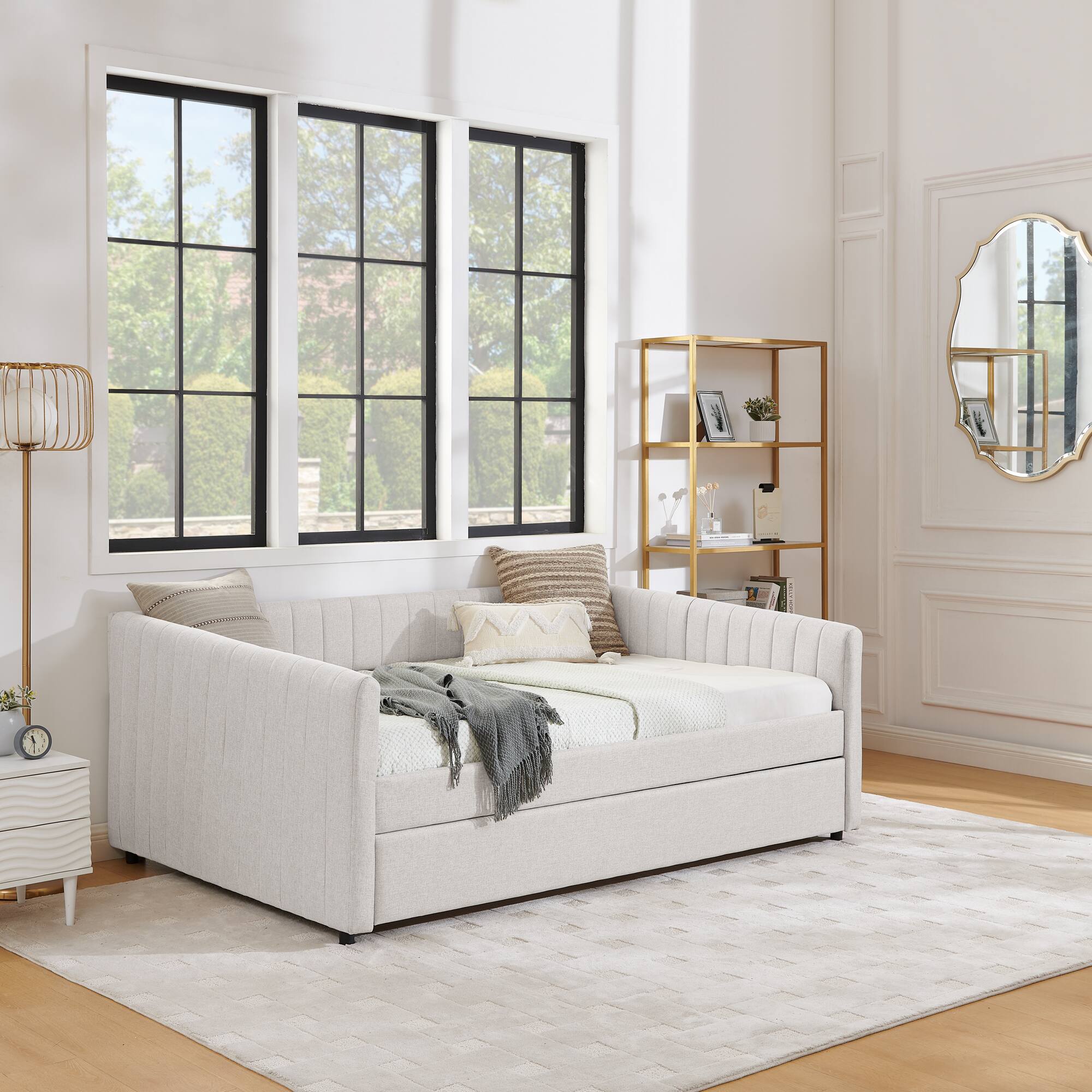 Alt View 4. Tiramisubest - Full Size Daybed with Trundle Upholstered Sofa Bed, with Vertical Stripes, Linen Fabric, Beige (82.5"x58"x30") - Beige.