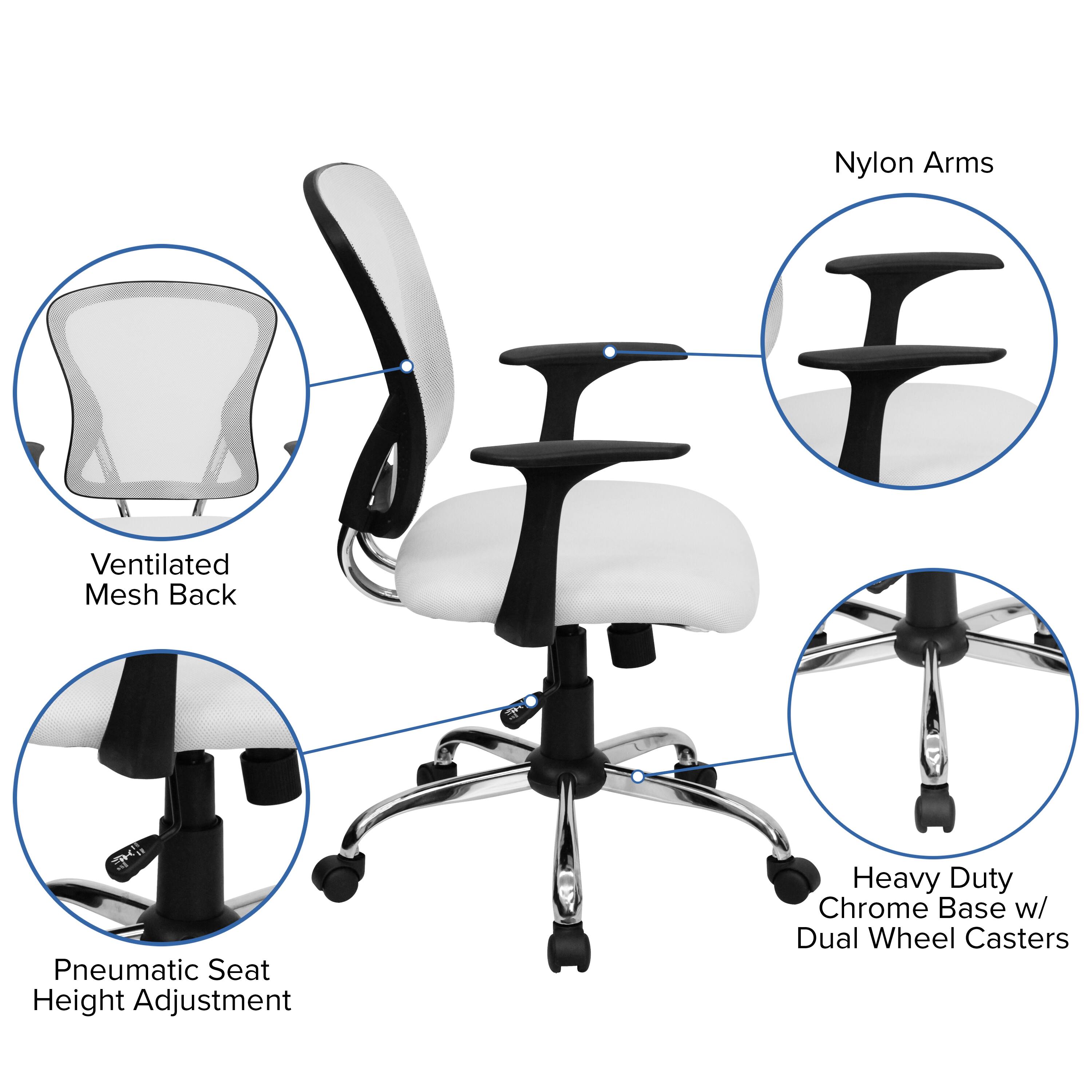 Ventilated Mesh Back, Nylon Arms, Pneumatic Seat Height Adjustment, Heavy Duty Chrome Base w/ Dual Wheel Casters
