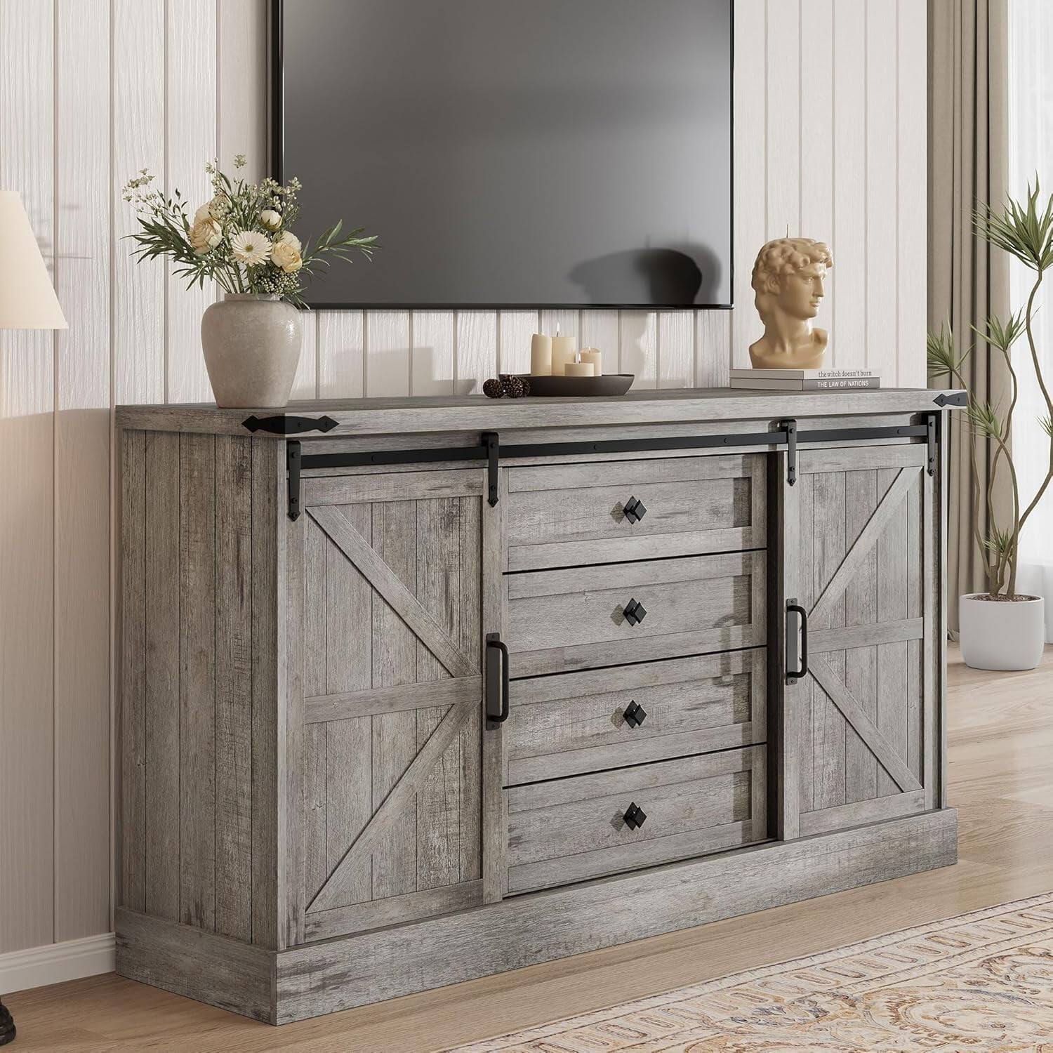 Angle. Homhougo - 45-Inch Farmhouse TV Stand with Sliding Barn Doors, 4 Drawer Entertainment Center for Bedroom - Gray.