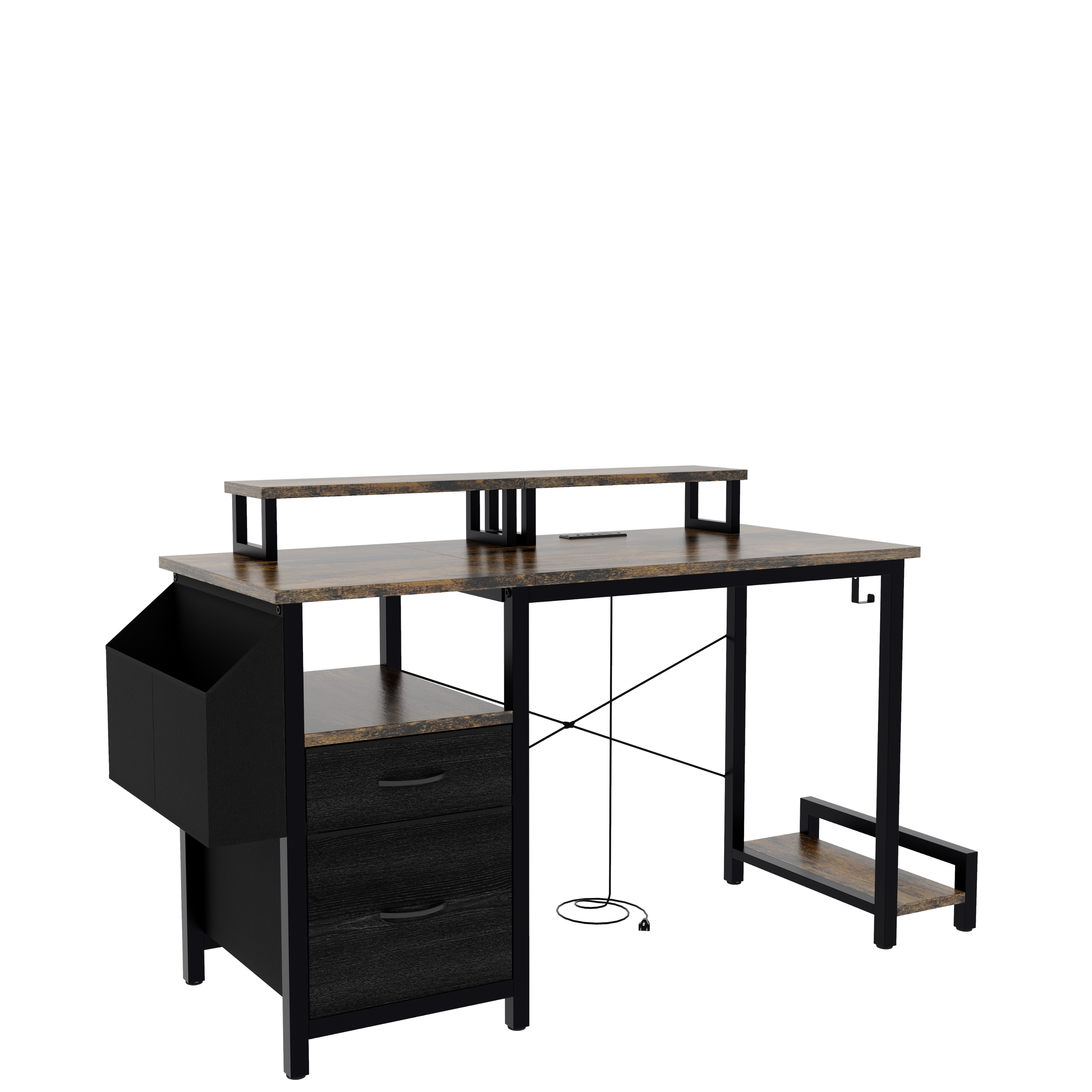 Alt View 6. Tiramisubest - 47" Computer Desk with Fabric Drawers & Outlets,Office Desk with Monitor Stands,Side Pocket,Shelves & Hooks,Rustic Brown - Rustic Brown.