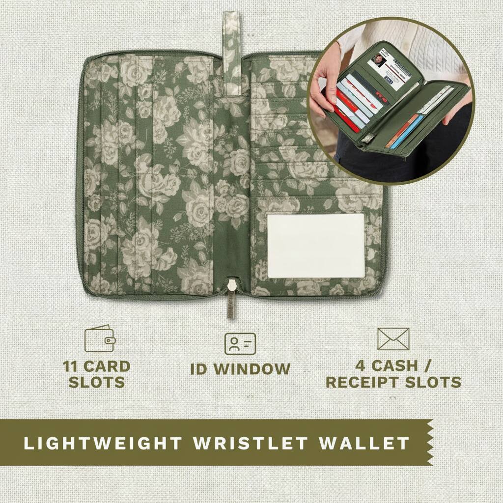 - PIZRE - F- 11 CARD SLOTS ID WINDOW 4 CASH / RECEIPT SLOTS LIGHTWEIGHT WRISTLET WALLET