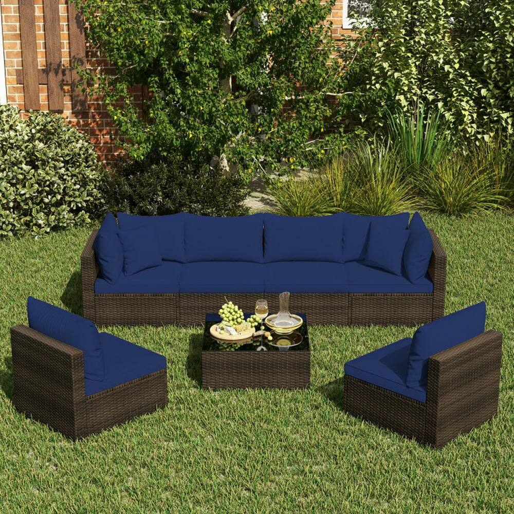 Alt View 4. Kadyn - Patio Furniture Sets,Outdoor  Patio Furniture Sets,7 Pcs Patio Rattan Furniture Set with Sectional Sofa Cushions-Navy - Blue.
