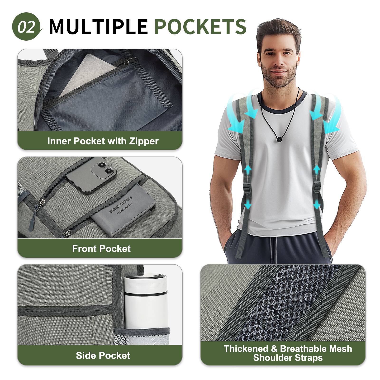 02 MULTIPLE POCKETS

- Inner Pocket with Zipper
- Front Pocket
- Side Pocket
- Thickened & Breathable Mesh Shoulder Straps