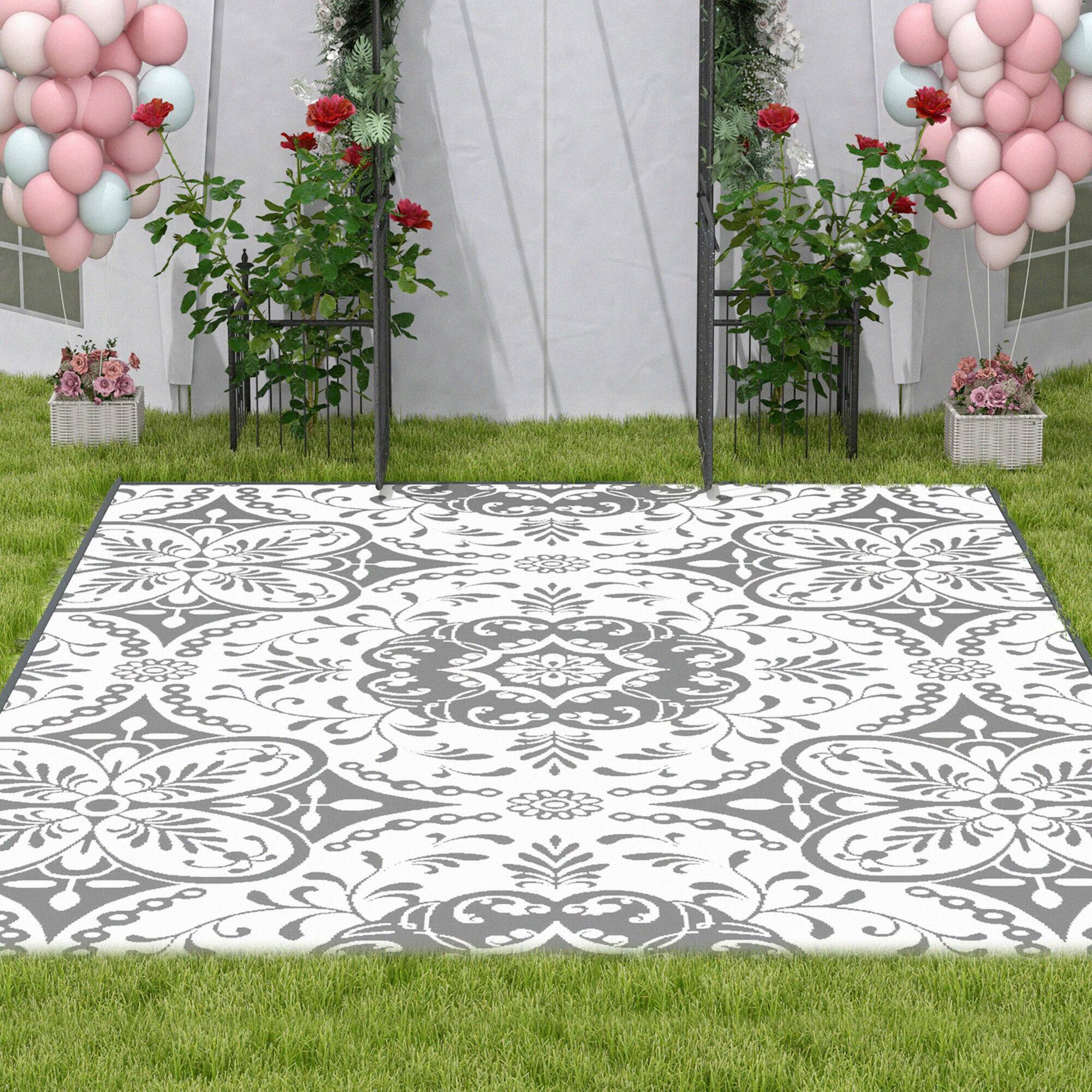 Alt View 8. Outsunny - Outdoor Rug for Patio, 9' x 12' Waterproof Large Mat, Reversible Plastic Straw Rug for Décor - Gray and White Floral.