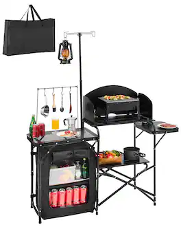 VEVOR - Camping Kitchen Table, Outdoor Camp Cooking Table, Aluminum Portable Cook Station with Storage Cupboard, Carrying Bag - Black
