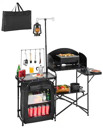 Front. VEVOR - Camping Kitchen Table, Outdoor Camp Cooking Table, Aluminum Portable Cook Station with Storage Cupboard, Carrying Bag - Black.