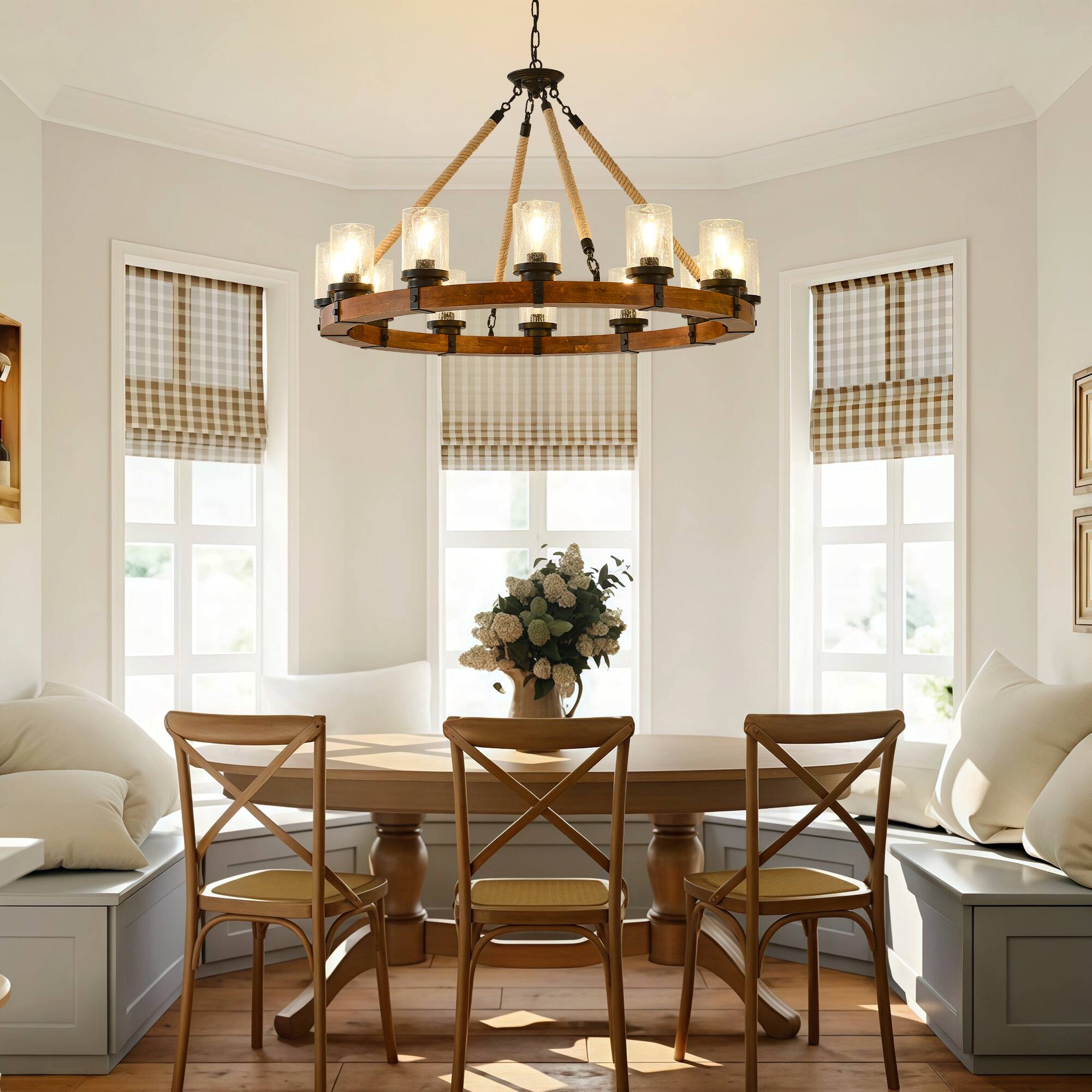 Alt View 5. RYHNUYNE - 12 Light Rustic Wagon Wheel Chandelier,Farmhouse Dining Room Light Fixture with Seeded Glass Shade,Round Wood Chandelier - Brown.