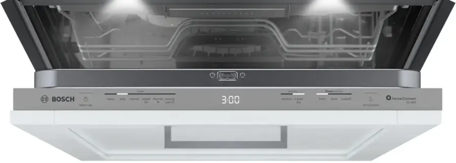 The text on the image reads: "BOSCH reset 4 se heavy cycles auto normal speed favorite remote 60 e start 3:00 options sanitize crystal dry PowerControl front back custom start/resume Home Connect e JRA."