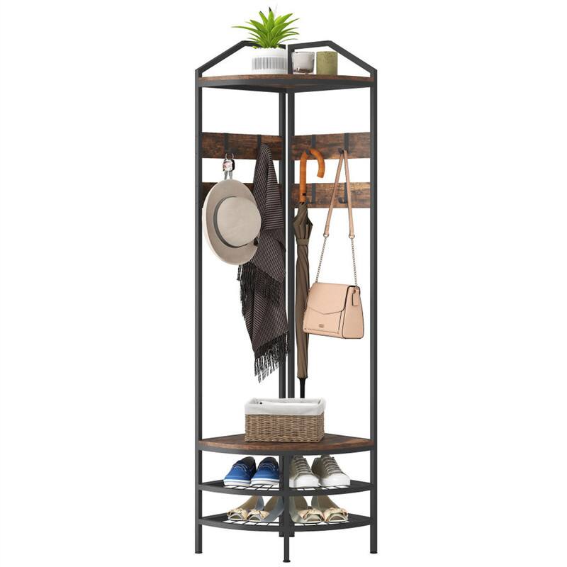ALEXOUN - Corner Hall Tree Coat Rack - Industrial 4-Tier Design with Shoe Storage, 8 Movable Hooks and 2 Shelves for Entryway - Brown