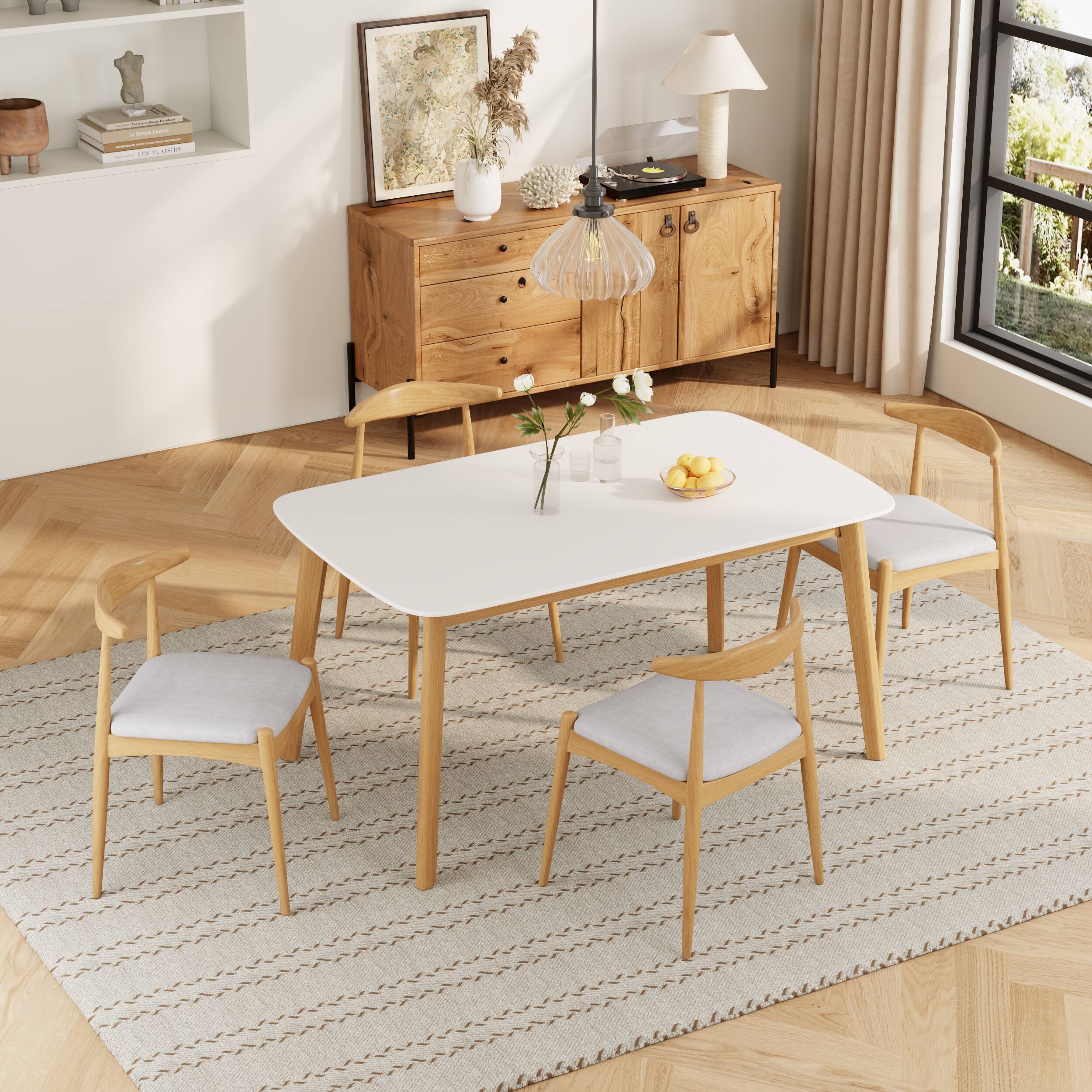 Front. TinyHomie - 5-Piece Mid-Century Modern Dining Set - Solid Wood Frame Table and 4 Beige Upholstered Chairs - Beige and White and Oak.