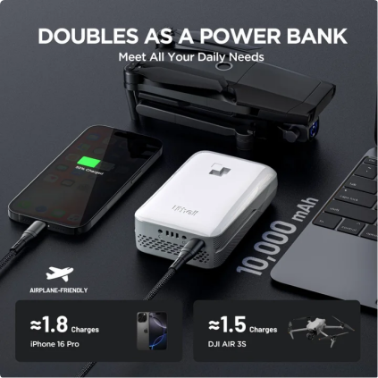 DOUBLES AS A POWER BANK  
Meet All Your Daily Needs  

AIRPLANE-FRIENDLY  
10,000 mAh  

- ~1.8 Charges iPhone 16 Pro  
- ~1.5 Charges DJI AIR 3S