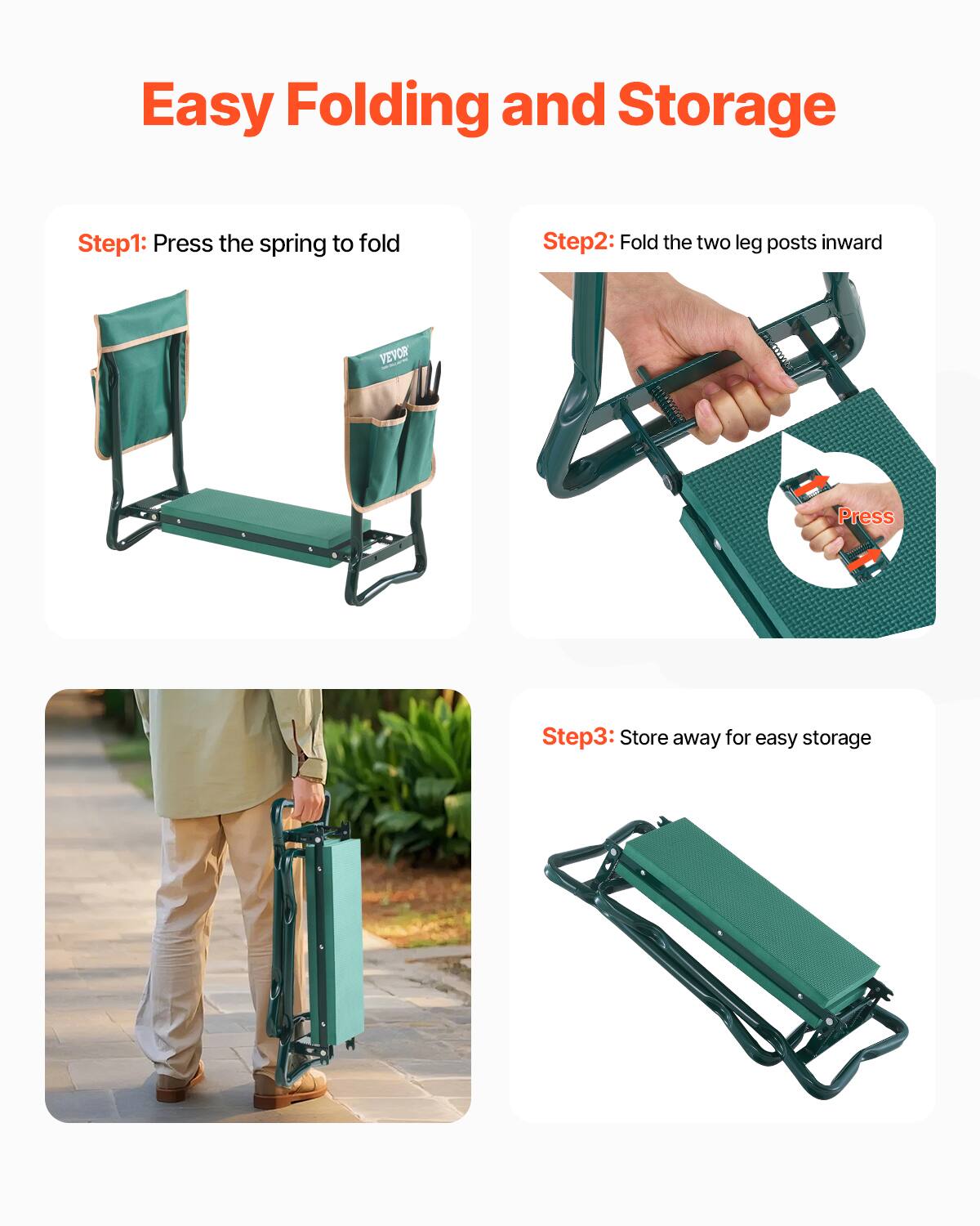 Easy Folding and Storage

Step1: Press the spring to fold

Step2: Fold the two leg posts inward

Step3: Store away for easy storage