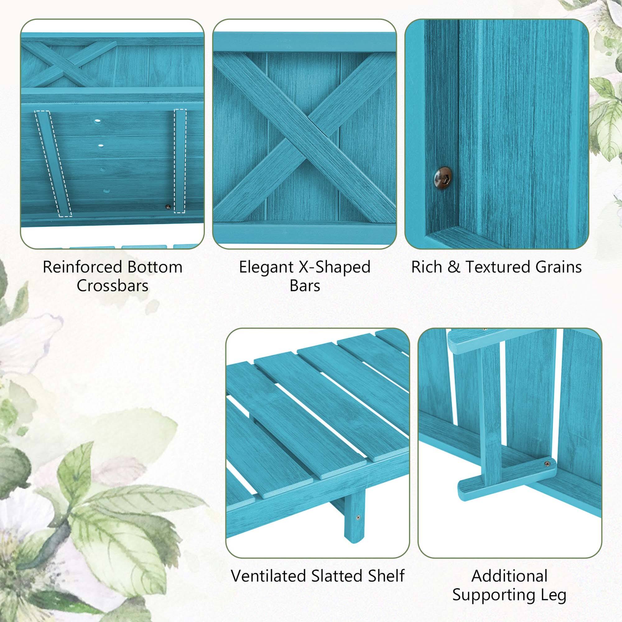 The image shows a blue wooden shelf with various features and descriptions. There are six different shelves displayed, each with a unique design or function. The first shelf is a reinforced bottom crossbars shelf, while the second shelf is an elegant x-shaped bars shelf. The third shelf is a rich and textured grains shelf, and the fourth shelf is a ventilated slatted shelf. The fifth shelf is an additional supporting leg shelf, and the sixth shelf is a vaulted slatted shelf.
